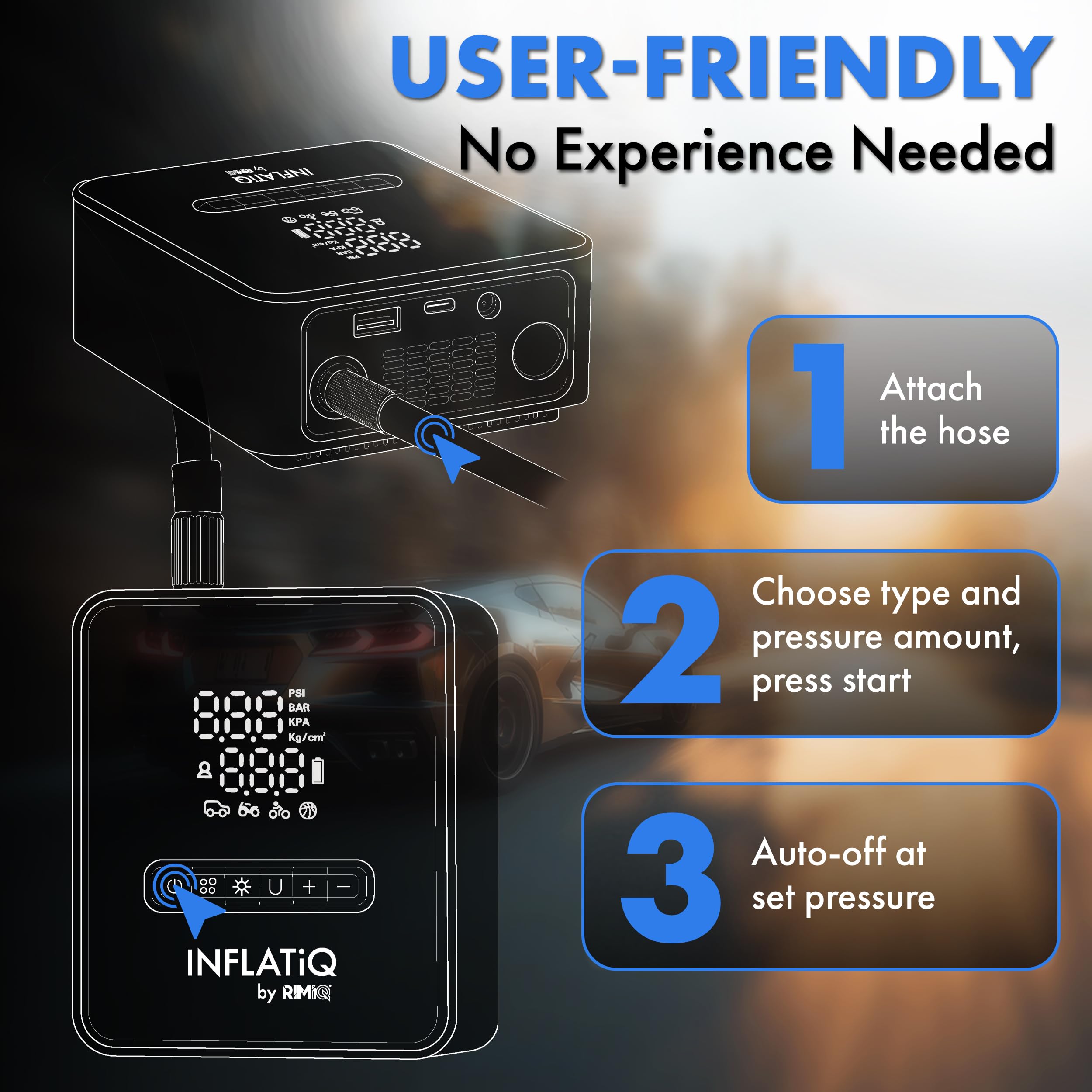 INFLATiQ by RIMiQ Tire Inflator B, potente e premiata tecnologia QWIKFlow con 2 opzioni di alimentazione portatili incluse, potente pompa ad aria per camion, auto, moto, biciclette, palloni e altro