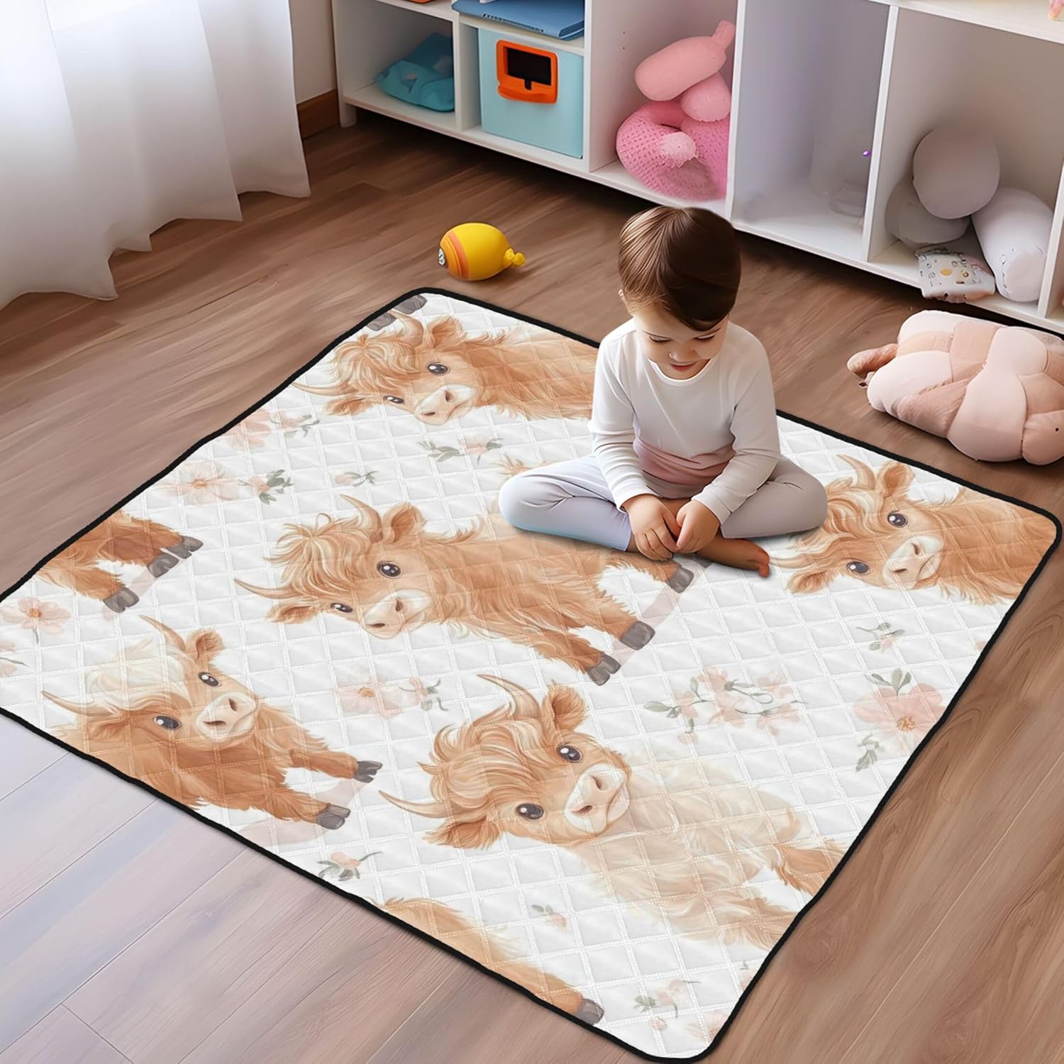 Highland Cows Cute Baby Playmat Washable Playroom Crawling Mat Non-Slip Play Mats for Floor 50x50 Mat