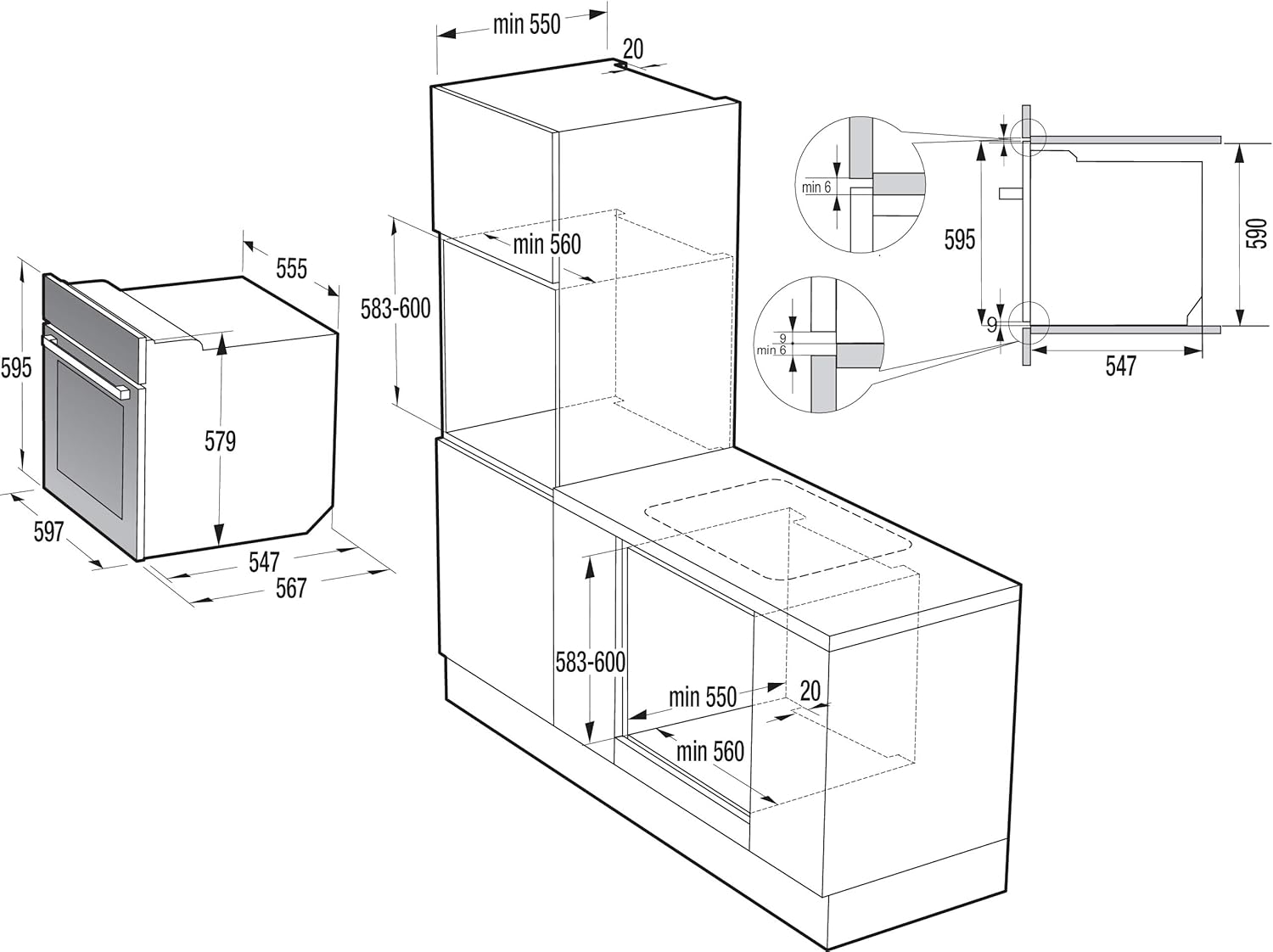 Detailed installation diagram for the Hisense oven, showing precise measurements for cabinet cutout and clearances.