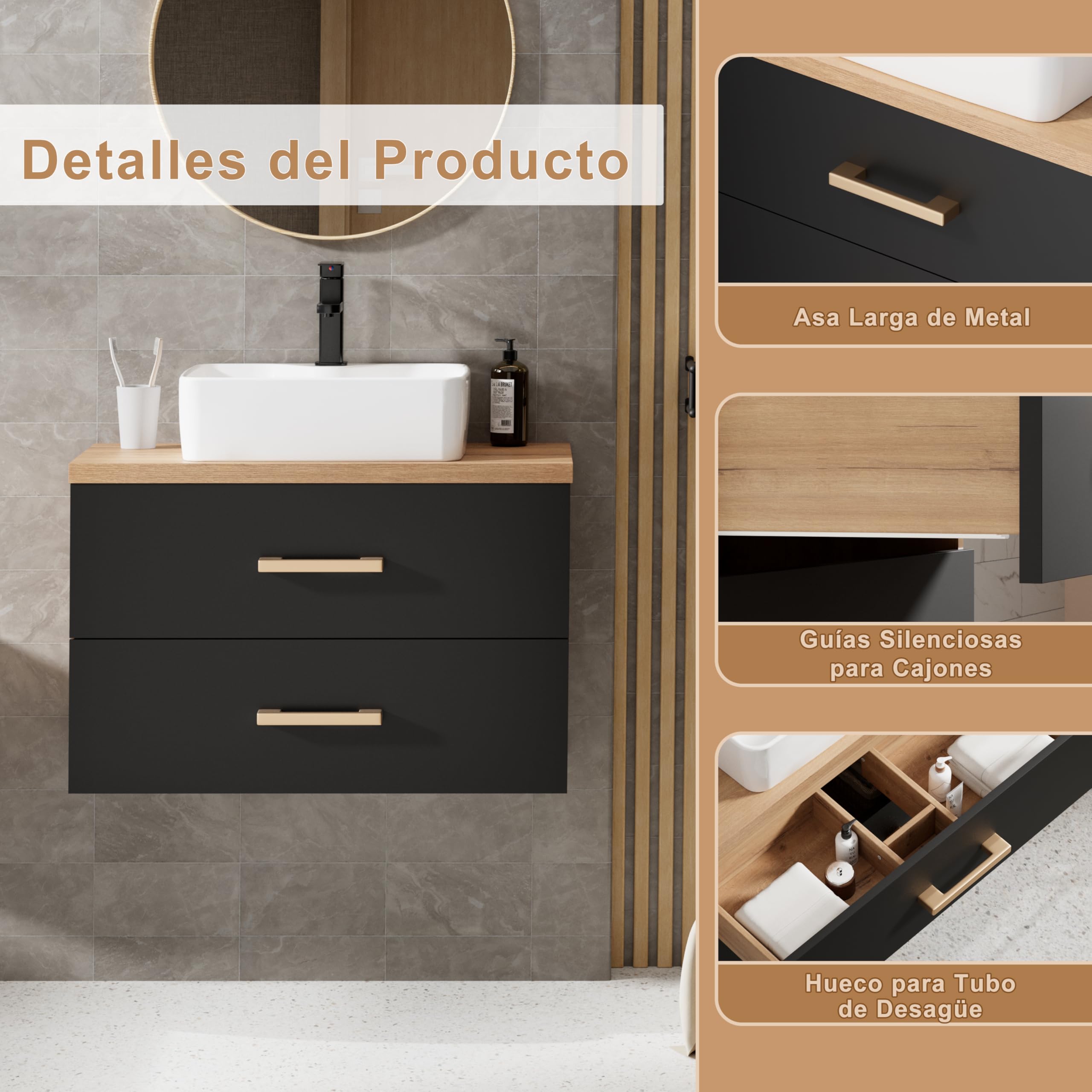 UEV Mueble de Baño 80CM con Lavabo de Estilo Rústico, Lavabo con Mueble de Pared, Mueble de Baño Colgado de Pared Impermeable y Resistente, Negro
