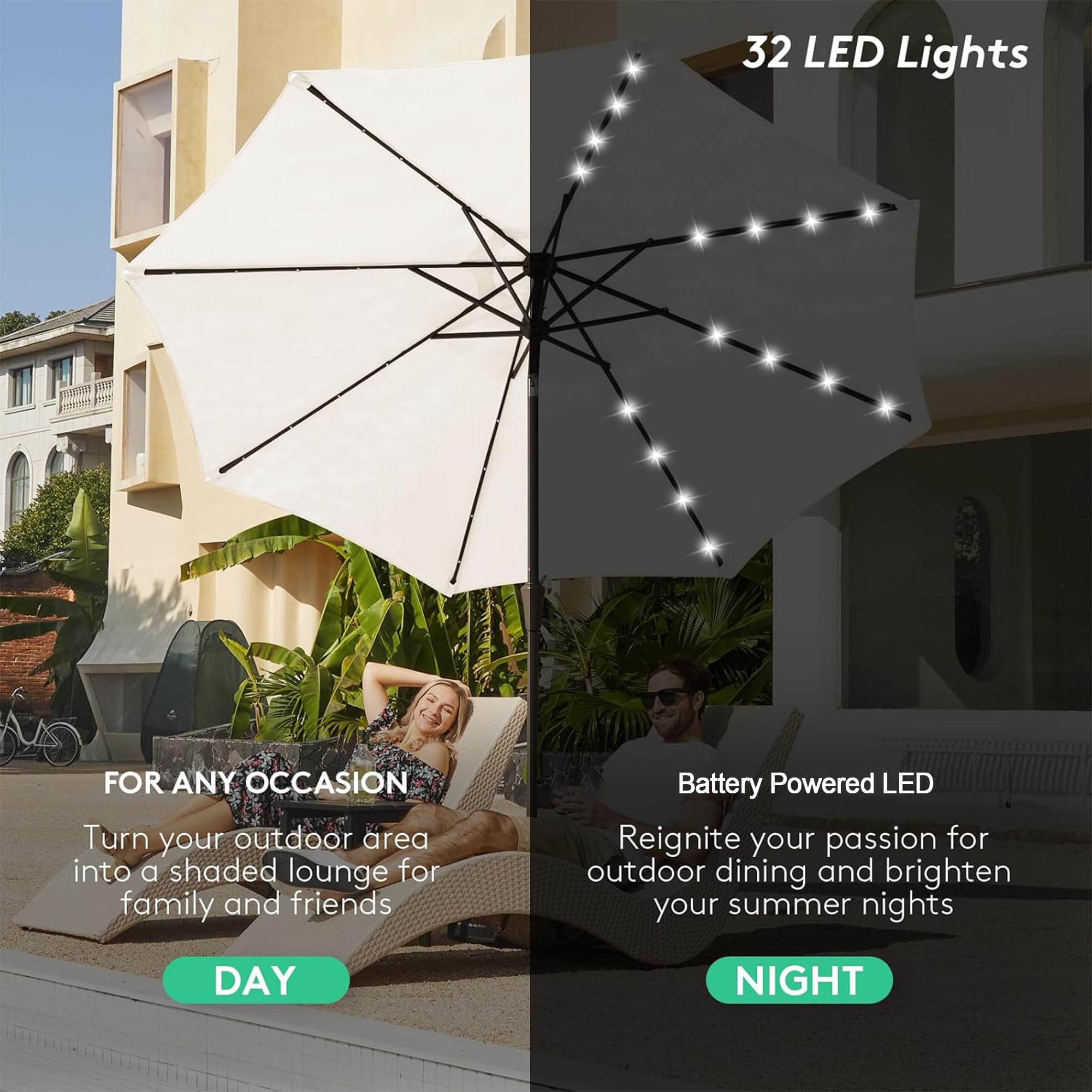 Parasol ogrodowy z oświetleniem LED, 9 m, regulacja nachylenia, system podnoszenia korby, 8 żeber, na taras, basen i balkon