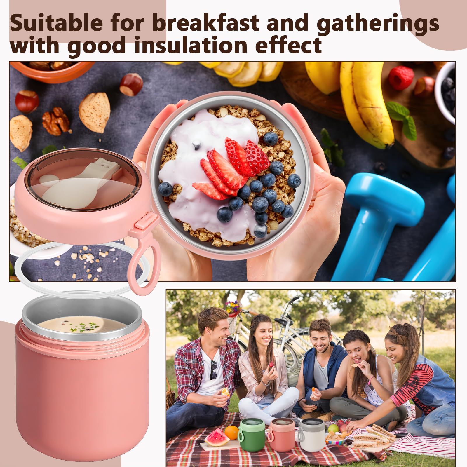 MSYU 6 Pack Isolierte Lebensmittelgläser mit Löffel Edelstahl Thermobecher 530ml Vakuum Suppe Thermobecher für heiße und kalte Speisen Weithals Mittagessen Meal Carrier Container für Schule Büro