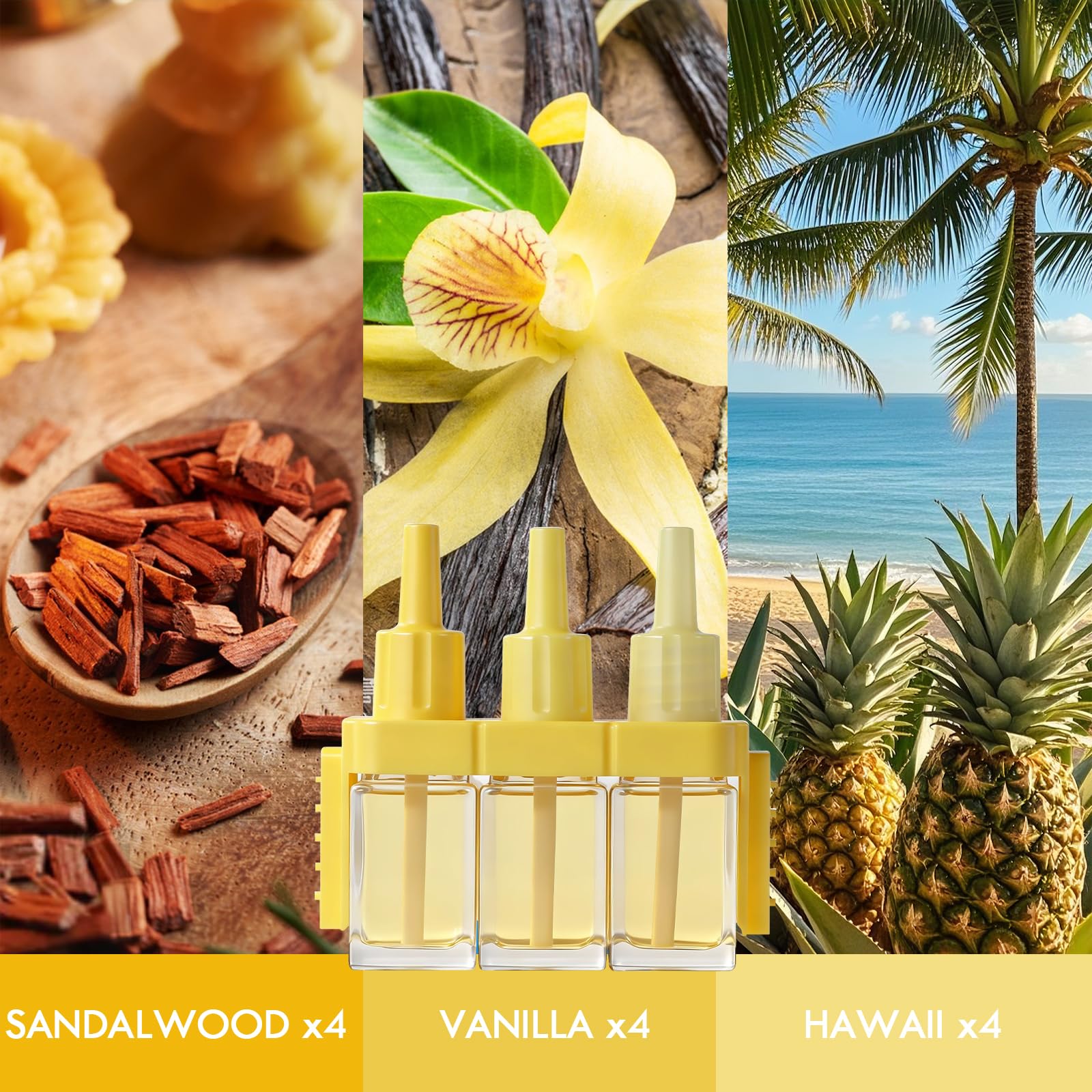 LASENTEUR Recambio de frasco de aceite aromático, compatible con Febreze 3Volution, paquete de 8, 6 fragancias, lavanda, eucalipto, salvia, hawaii, vainilla, sándalo, fragancia para sala de estar o