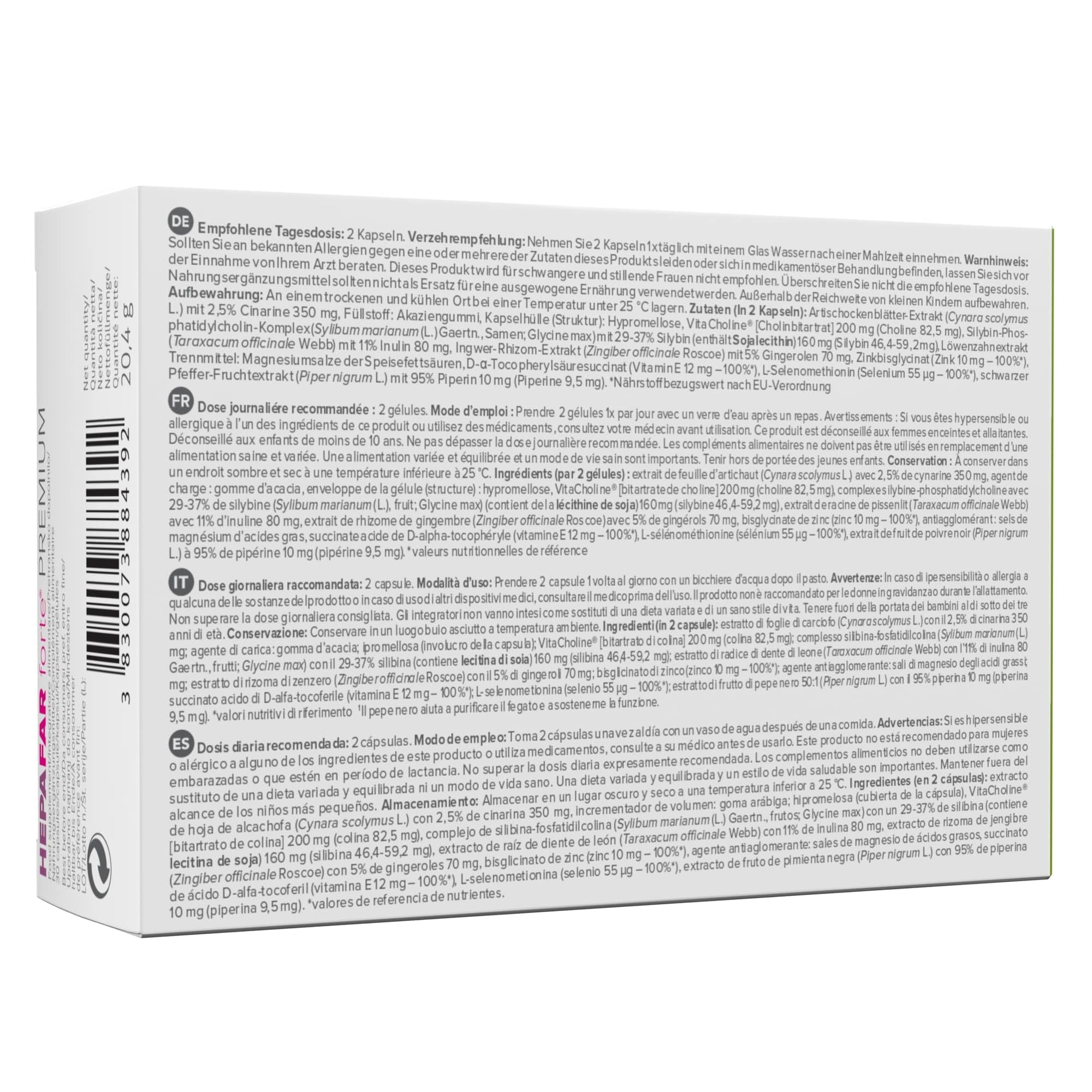 Hepafar Forte Premium Detox, Chardon-Marie, Artichaut, Complexe de Pissenlit, 60 gélules, Vitamine E, Phospholipides, Sensilab