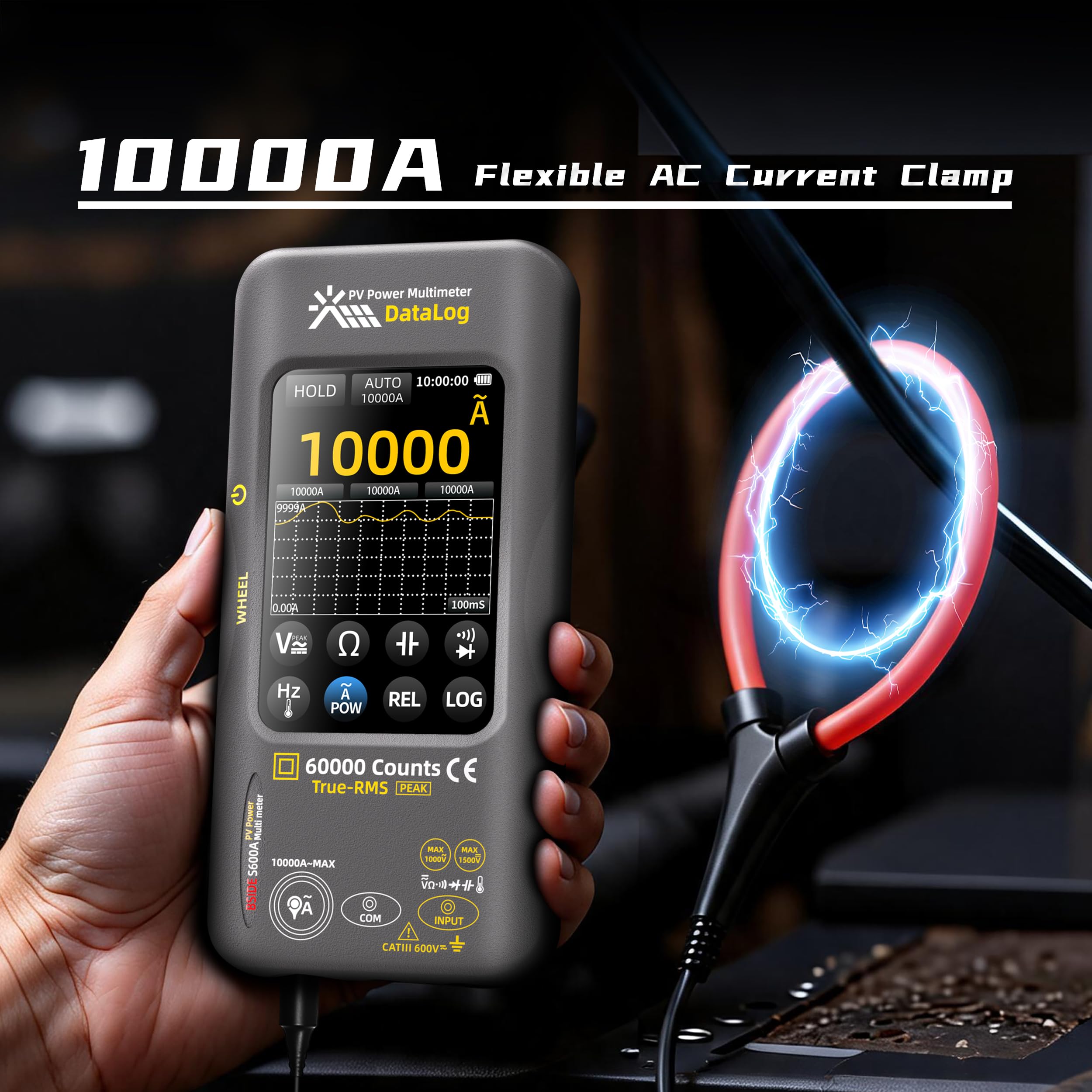 BSIDE S600A Professional Multimeter 60000 Zählungen Touchscreen, Digital und Grafisches Multimeter TRMS 1500V 10000A mit Leistungsmessung & REL Messung, Datenlogger, Flexibler Stromzange