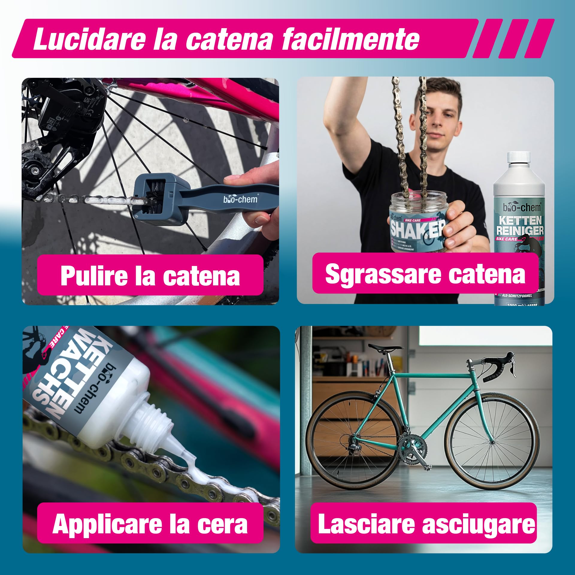 bio-chem Sistema di lubrificazione a cera per catene: 7 prodotti per bici | Sgrassante per MTB 1L - Cera liquida per catene di bici 100ml - Accessori per bicicletta shaker + panno + 3 spazzole