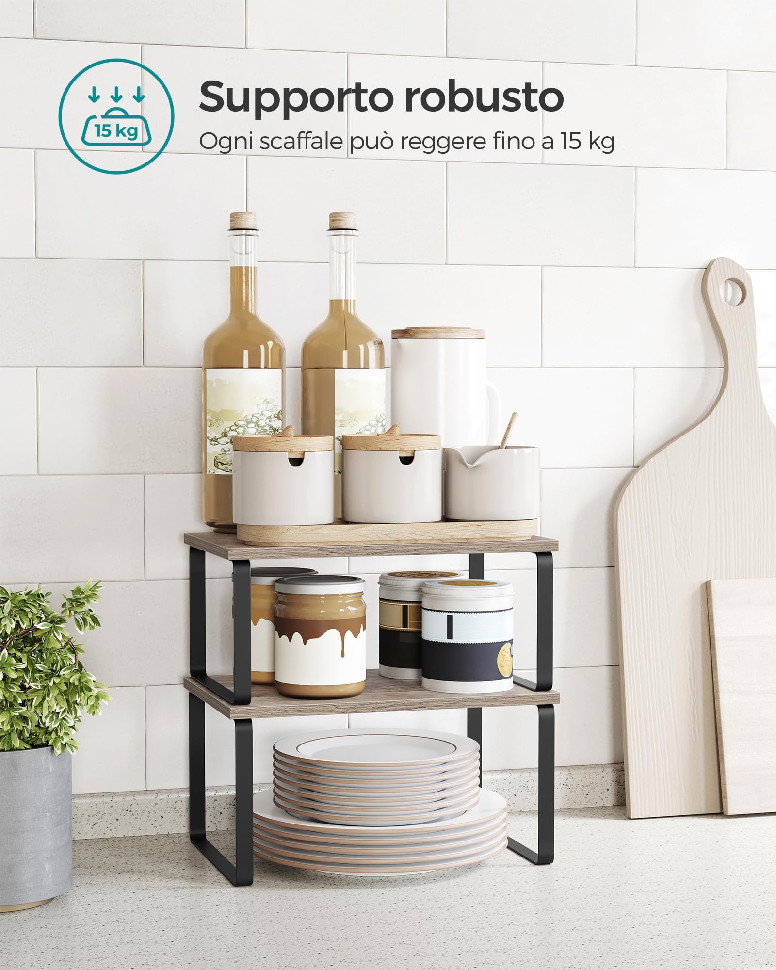 SONGMICS Scaffale Portaspezie, Set di 2 Organizzatori da Cucina Espandibili, Scaffale da Cucina Impilabile, Metallo e Legno Ingegnerizzato, Nero Inchiostro e Greige Erica KCS020X02