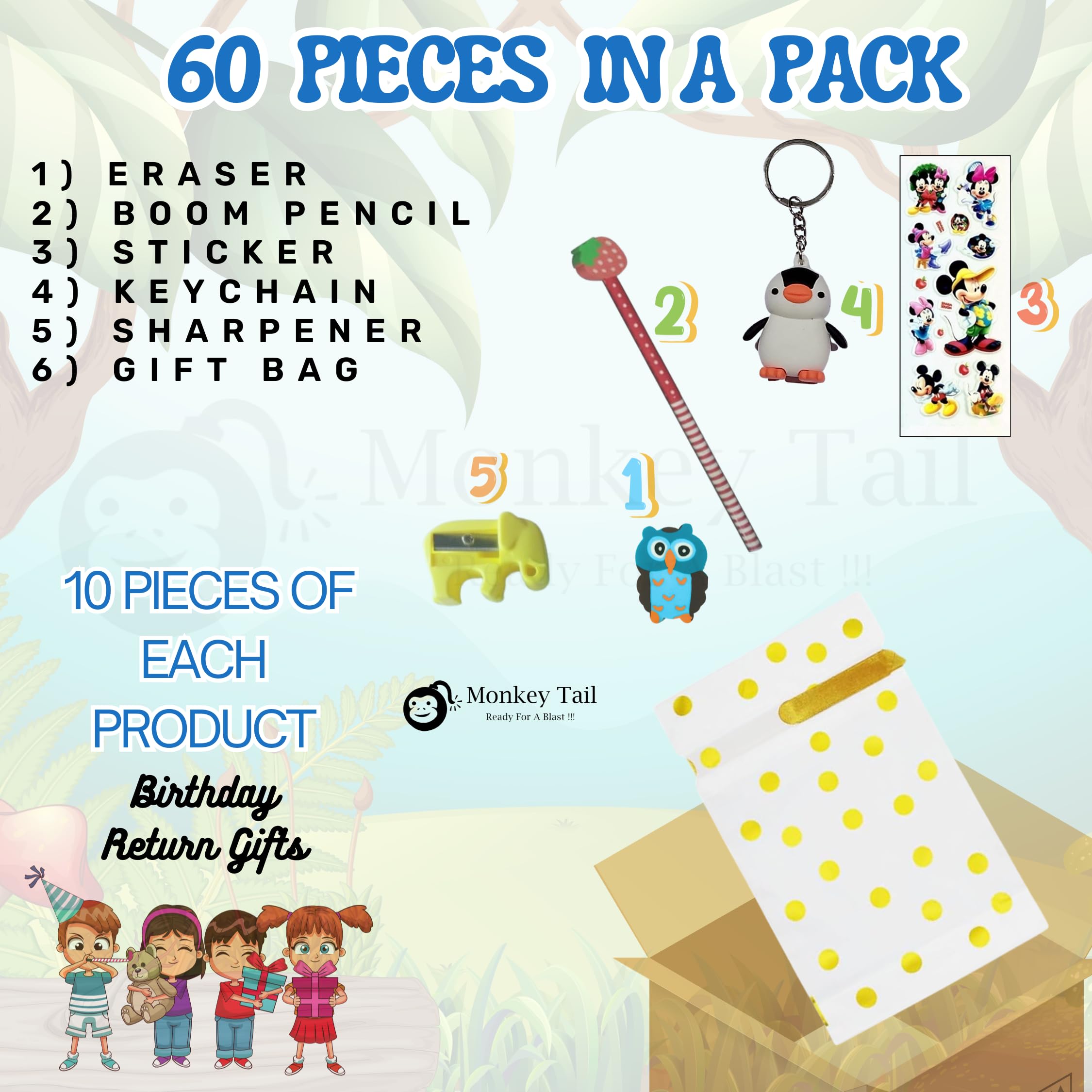 MONKEYTAIL Jungle Animal Theme School Party Combo Pack | Set of 10 | Birthday Return Gifts for Kids