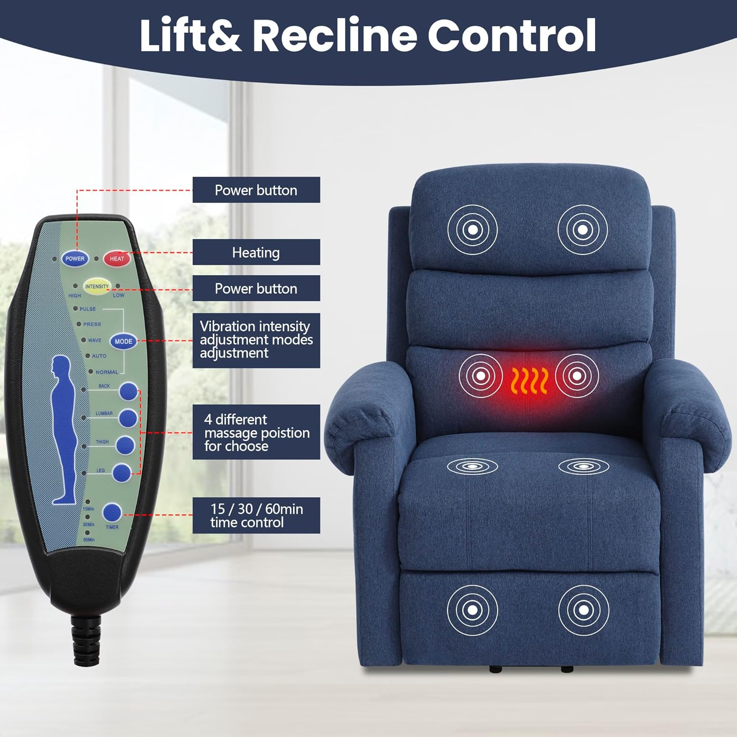 KIGOTY Power Lift Recliner Chair with Massage and Heat for Elderly, Recliner Chairs for Adults, Recliner Massage Chair with Remote Controls,USB Port and Side Pocket (Navy Blue, 29" Wide)