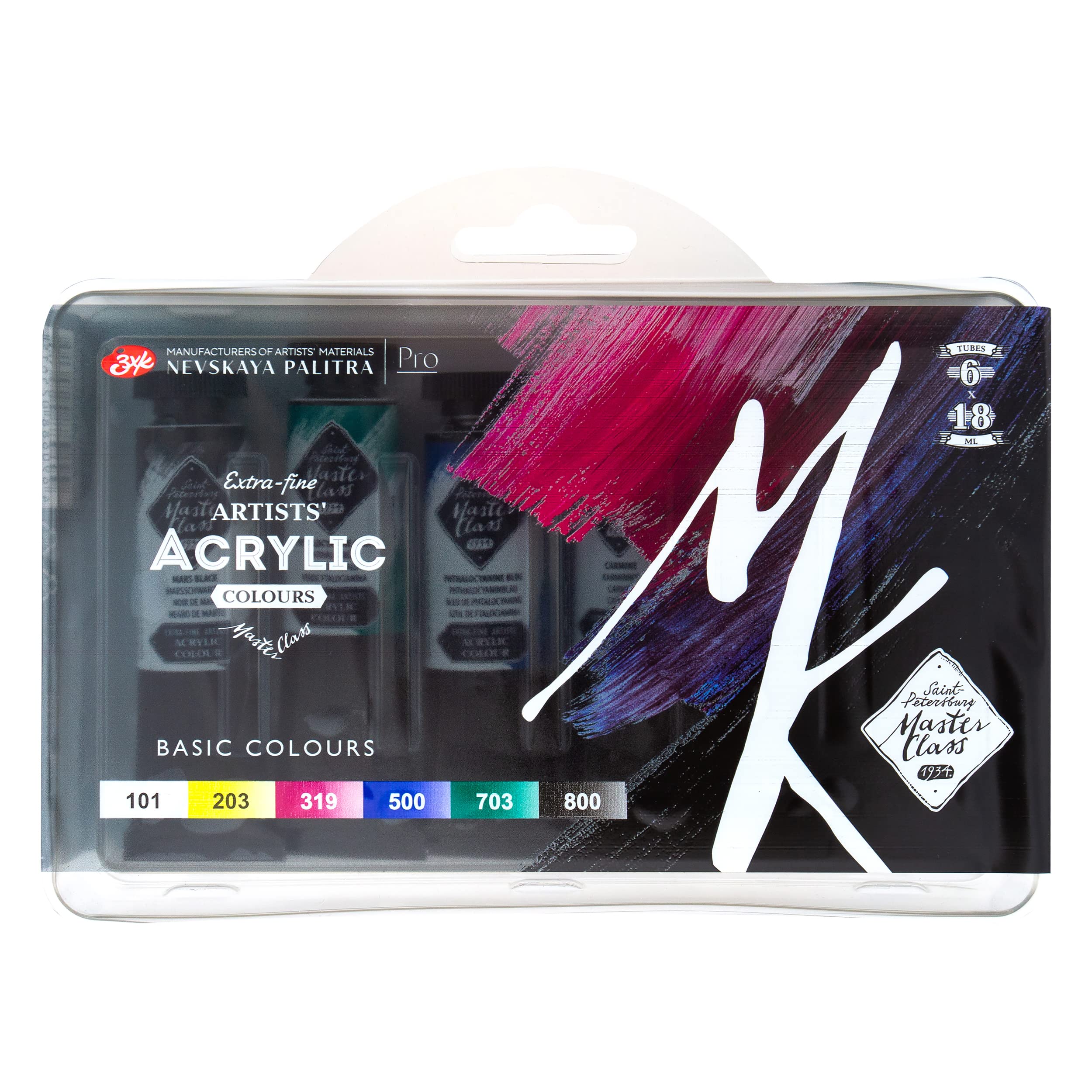 Master-Class Extra Fine Artists' Professional Acrylic Colors - 6 x 18 ml Basic Colors Set by Nevskaya Palitra