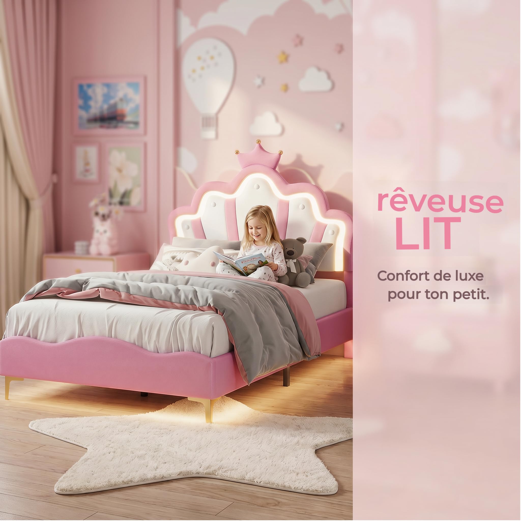 Générique Lit Enfant Rembourré 90x190 cm avec LED, Lits Double pour Fille, lit d'Adolescent avec Tête de Bed Réglable en Hauteur Princesse Couronne et Sommier à Lattes, PU Rose