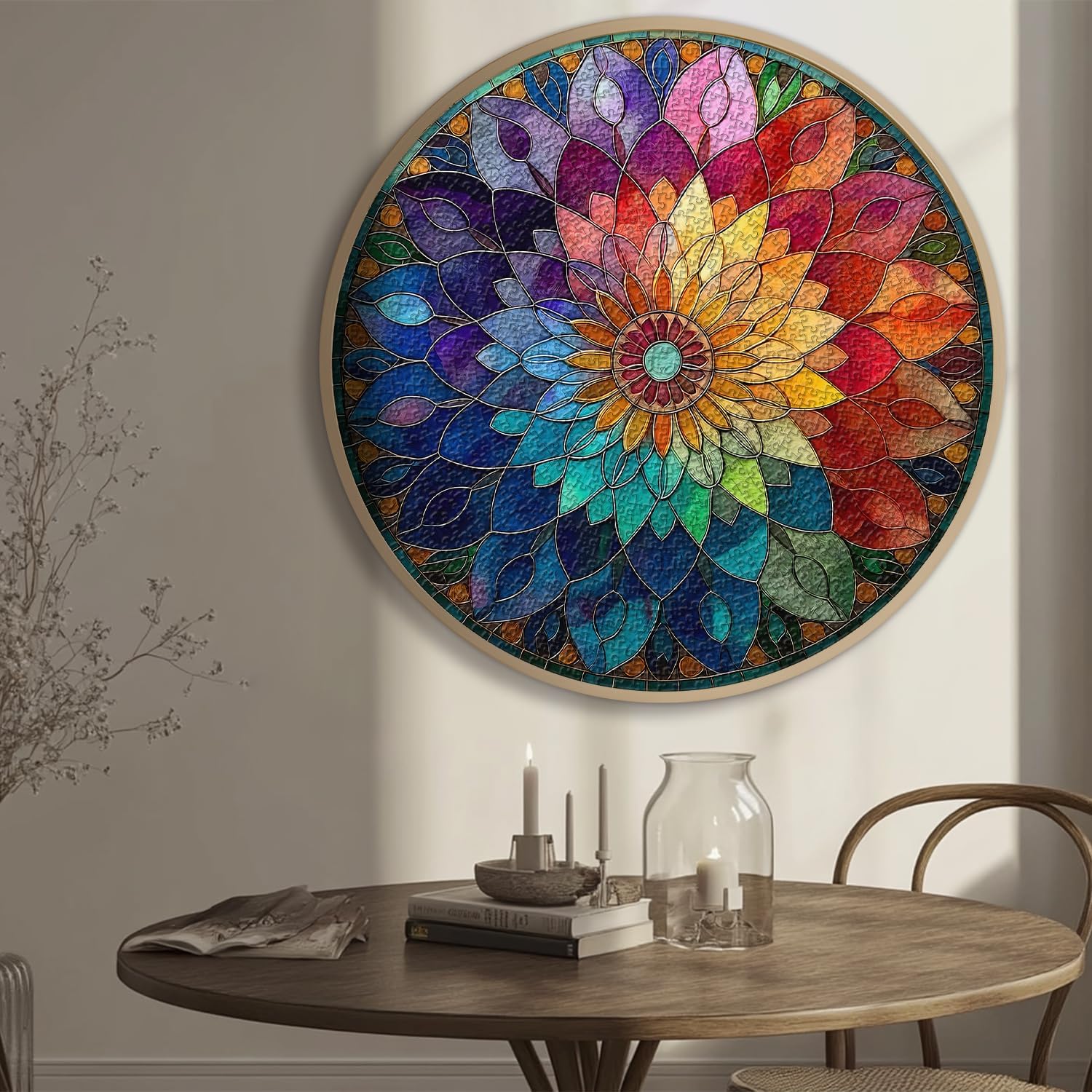PICKFORU Gradient Mosaic Puzzles for Adults 1000 Pieces, Colorful Stained Glass Flower Puzzle, Difficult Impossible Rainbow Round Jigsaw Puzzles
