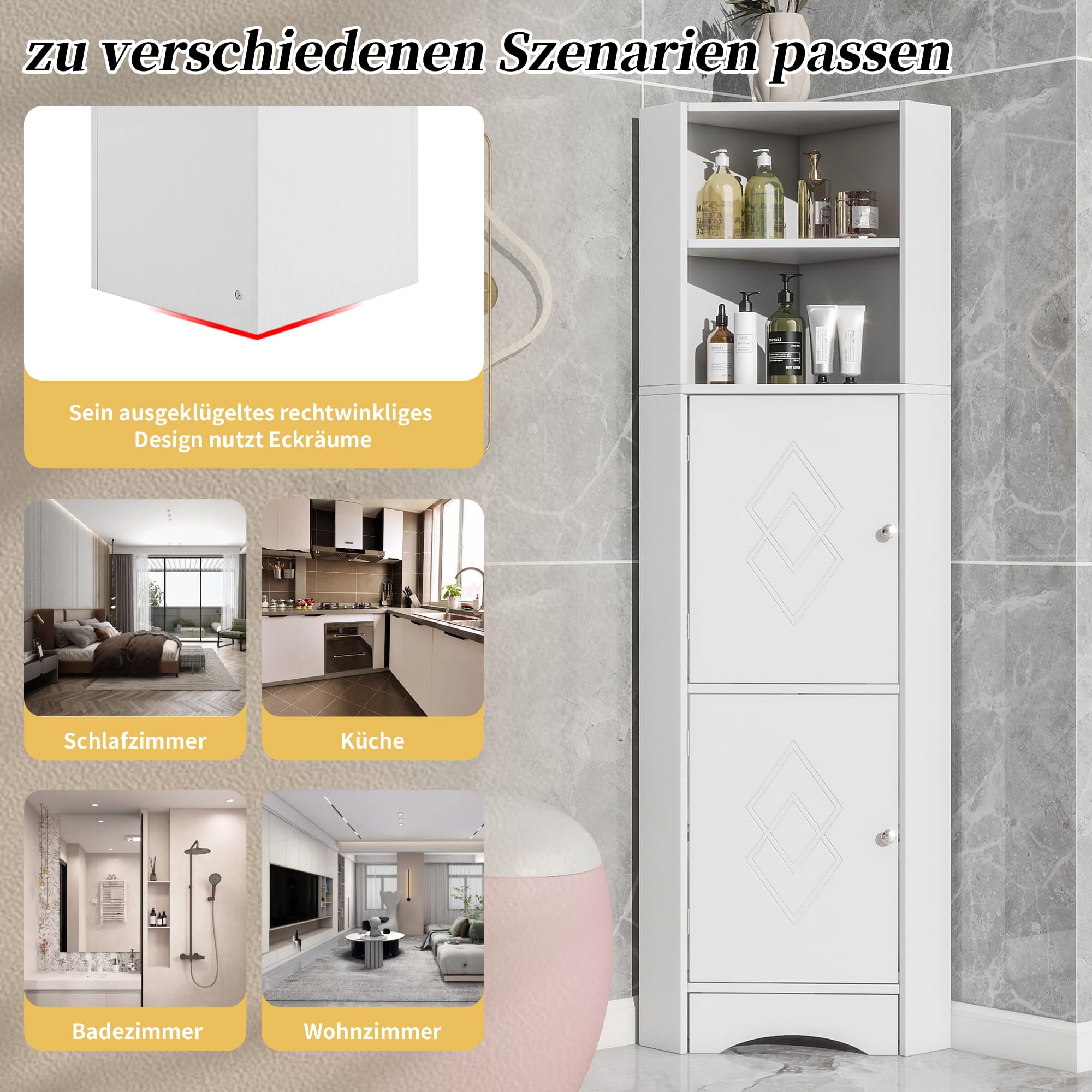 Kebnor Badschrank, Badmöbel, Eckschrank mit Zwei Ablagefächern, offenes Fach mit verstellbarem Einlegeboden, 36.5X 36.5 x 155 cm (weiß)