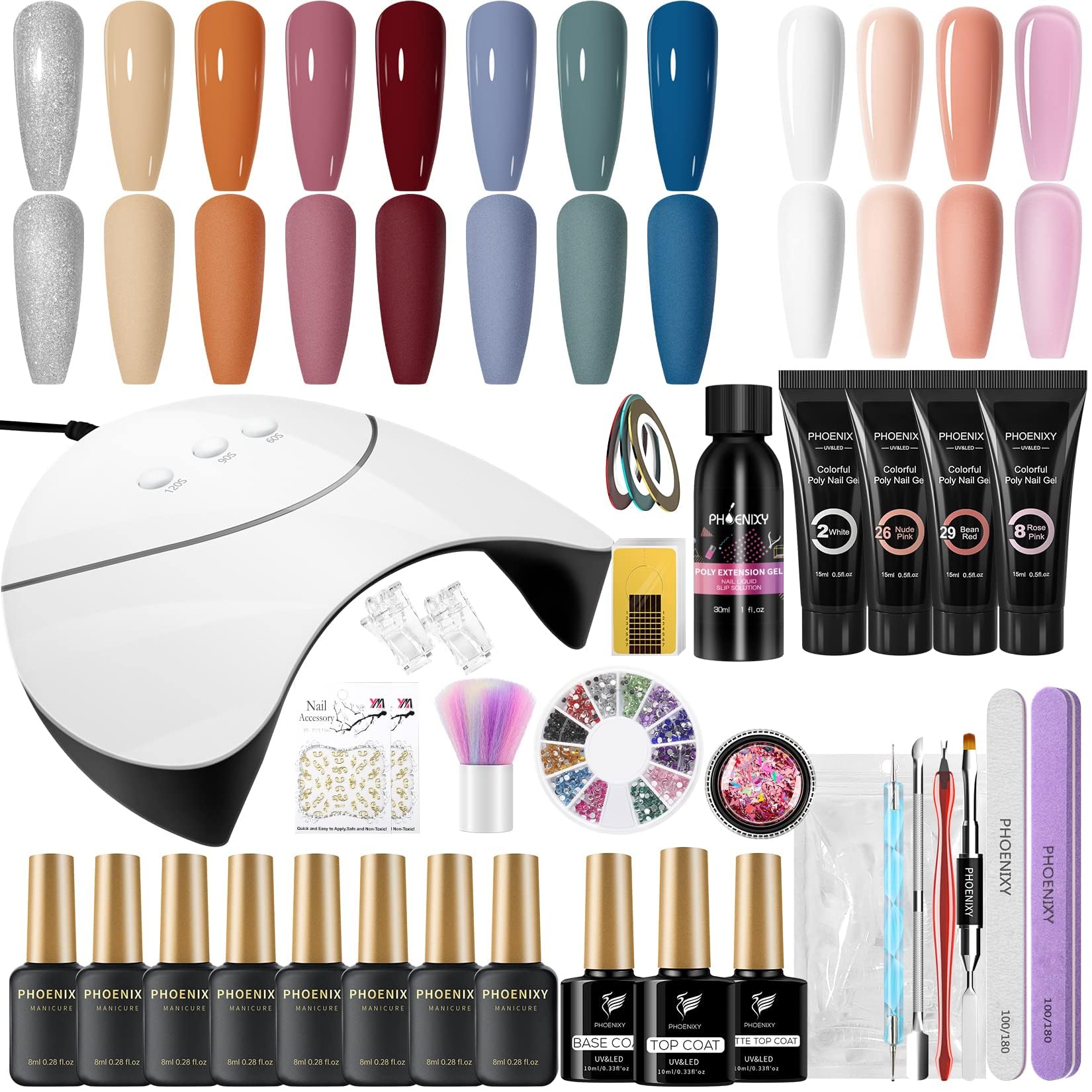Phoenixy Kit Uñas Semipermanentes 8 Colores Pintauñas Semipermanentes + 4 Colores Gel de Extensión de Uñas 36W U V/LED Lámpara Uñas de Gel Kit Completo
