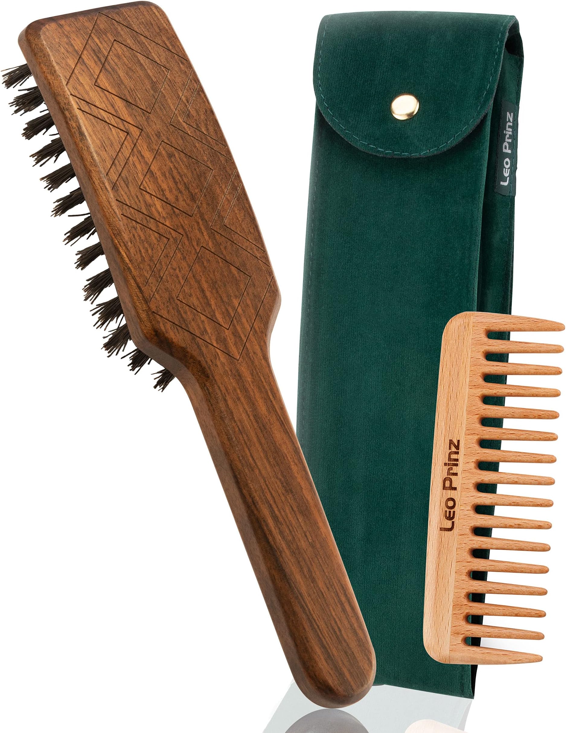 Boar Bristle Hair Brush set for Men and Women, normal to long hair - repairs and adds volume- handmade in Germany from sustainable wood- wooden comb and travel bag included