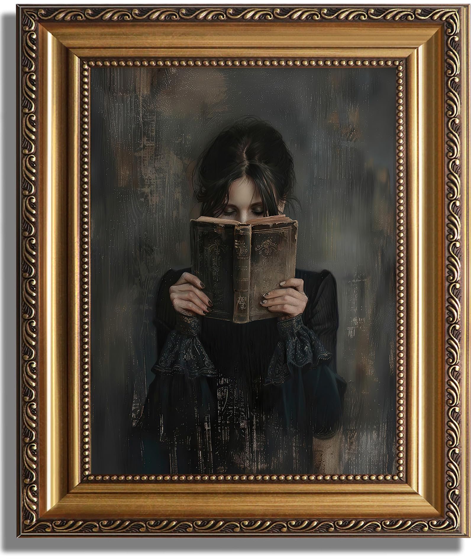 ASTRDECOR Gold Framed Canvas Wall Art Print, Victorian Woman Painting Picture, Vintage Portrait Oil Painting Wall Decor, Moody Reading Nook Painting for Bedroom Bathroom Wall Art, Dark Academia Decor — image 1