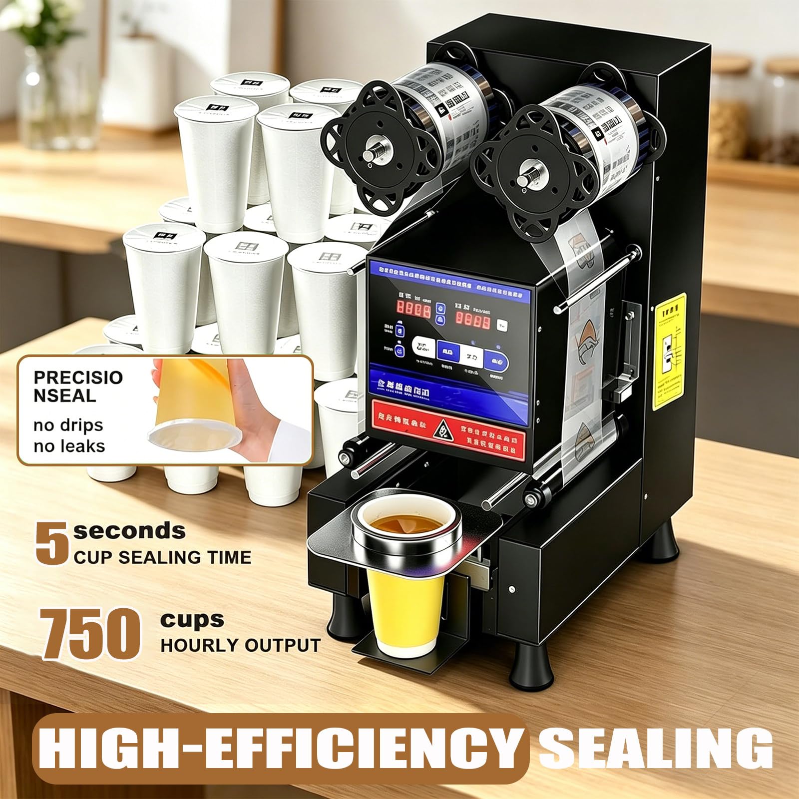 Sigillatrice bubble tea e soia 700-800/h 5s Doppia sigillatura antigoccia, temp intelligente, occhio elettronico, lama autopulente – per caffè, colazioni – 90/95 mm PP/PE/carta/plastica Black