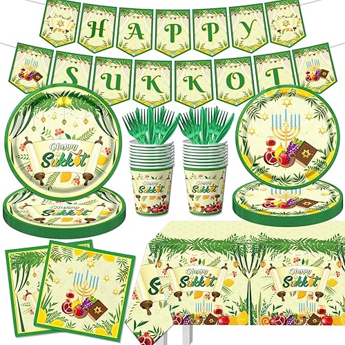 Decoraciones de Sukkah – Juego de vajilla de 142 piezas de Happy Sukot, para fiestas judías, desechables, Etrog Lulav, servilletas, mantel de Sucot,
