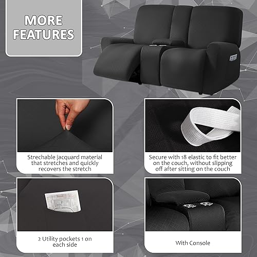 Miniatura 3 de ULTICOR Sofá biplaza reclinable con diseño de jacquard cuadrado con funda de consola central, fundas elásticas para sofá de 8 piezas, funda