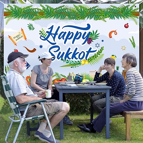 Miniatura 6 de Newwiee Cartel de fiesta de Sucot Happy Sukot de 71 x 43 pulgadas, telón de fondo de Sukkah, decoración de tapiz judío Etrog Lulav, decoración de