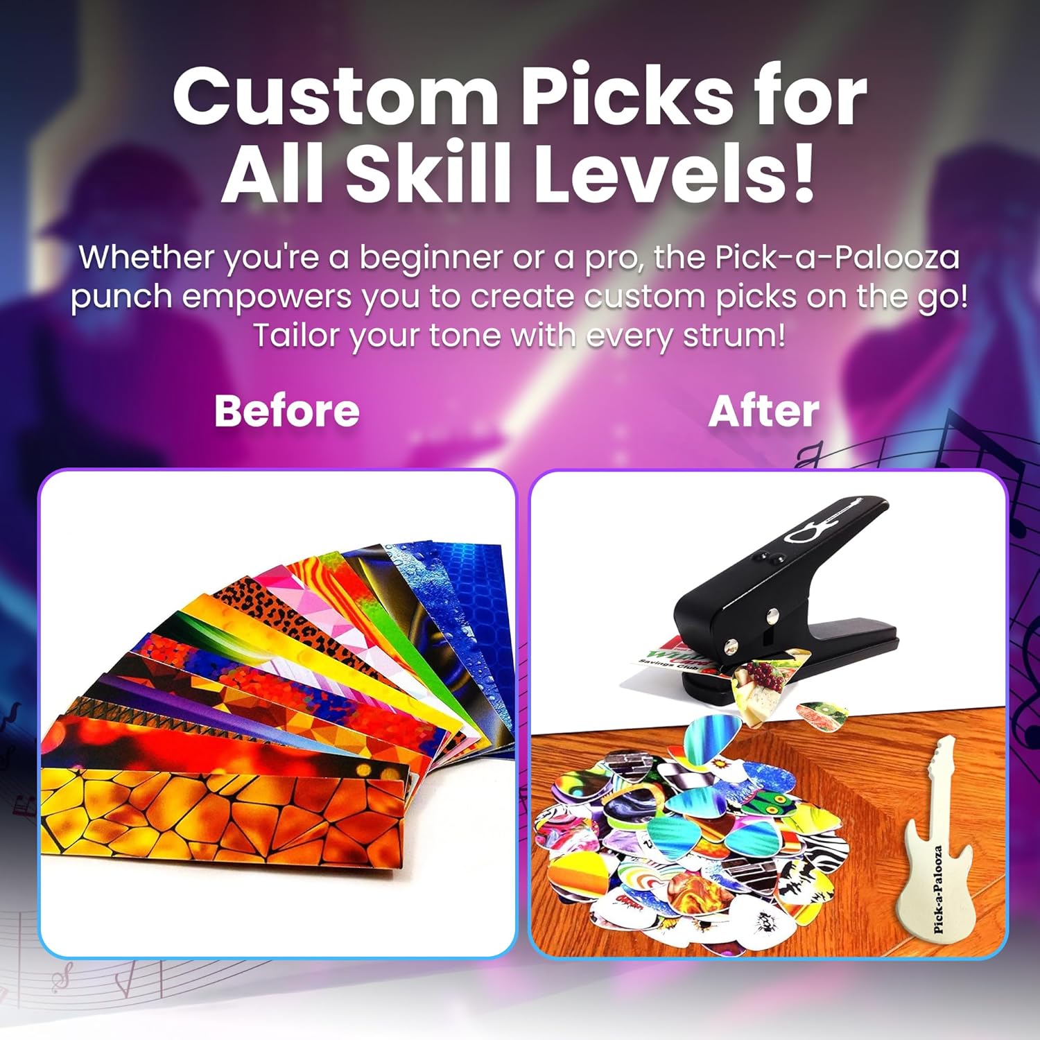 Pick-a-Palooza DIY Guitar Picks Punch Mega Pack - Custom Pick Maker for Musicians - Features Leather Key Chain Holder, Pick Strips with Artwork & File - Unique Gifts for Men & Women - Black Punch