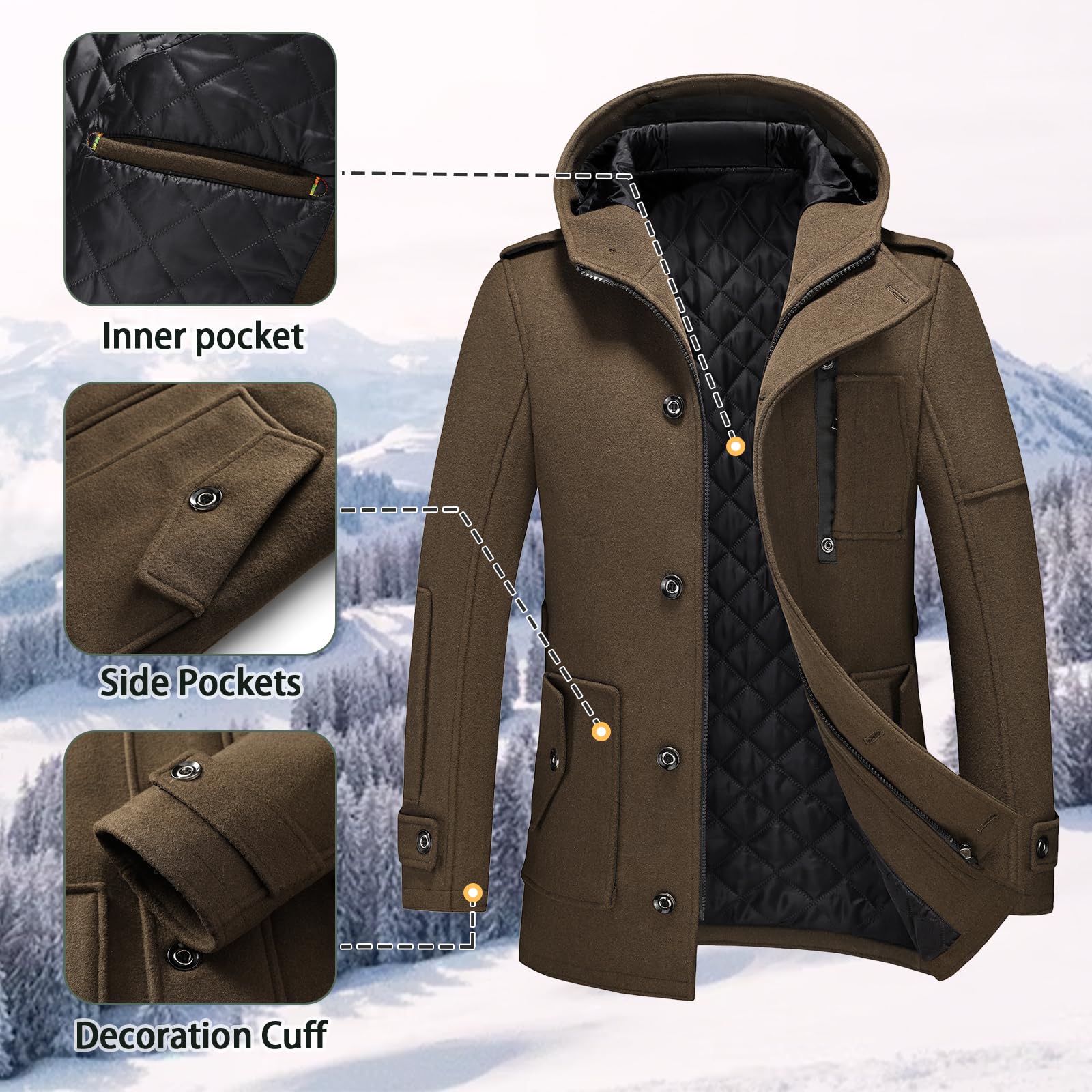 KUDORO Herren Wintermantel Wolle Kurzmantel mit Kapuze Wollmantel Mittellang Slim Fit für Business Freizeit Peacoat Casual