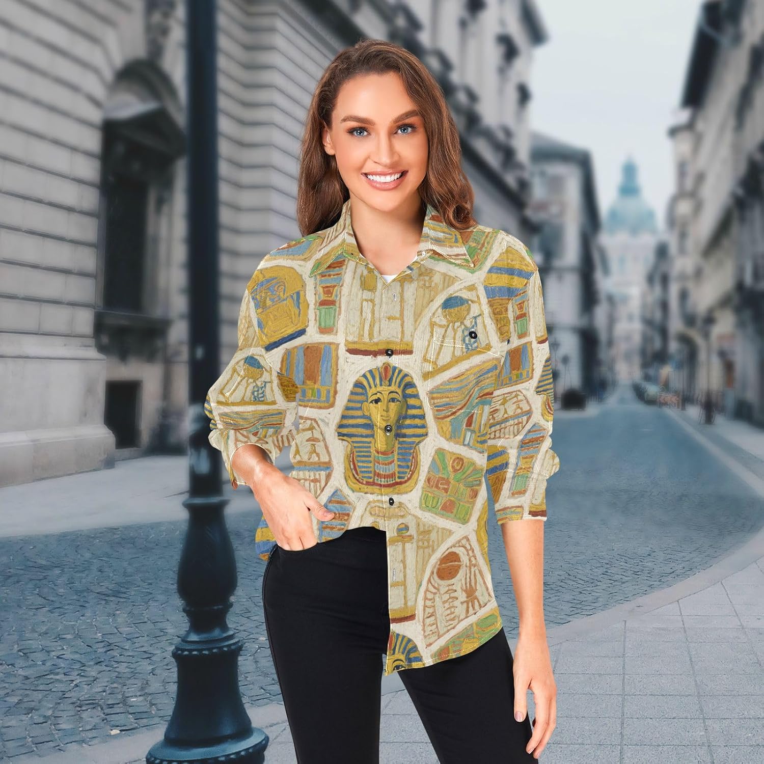 Art Painting Beige Egypt Retro Woolen Cord Fabric Mens Rugby Shirts Long Sleeve for Women Regular with Pockets