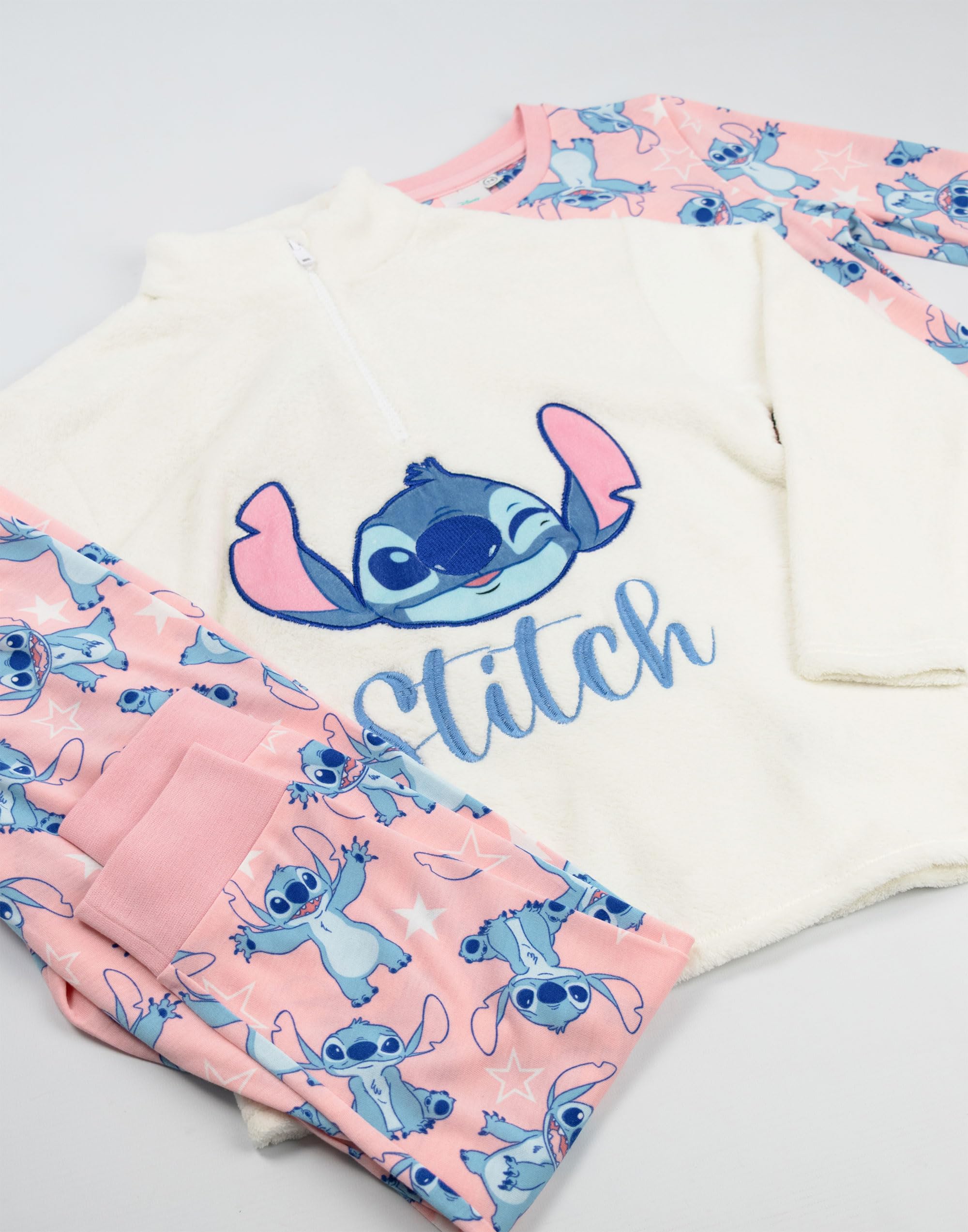 Disney Lilo i Stitch Dziewczęcy - różowy komplet piżamowy z długim rękawem i nogawkami, 3 części | Przyjemny polar z postacią Stitcha | Zapinana na zamek piżama do spania