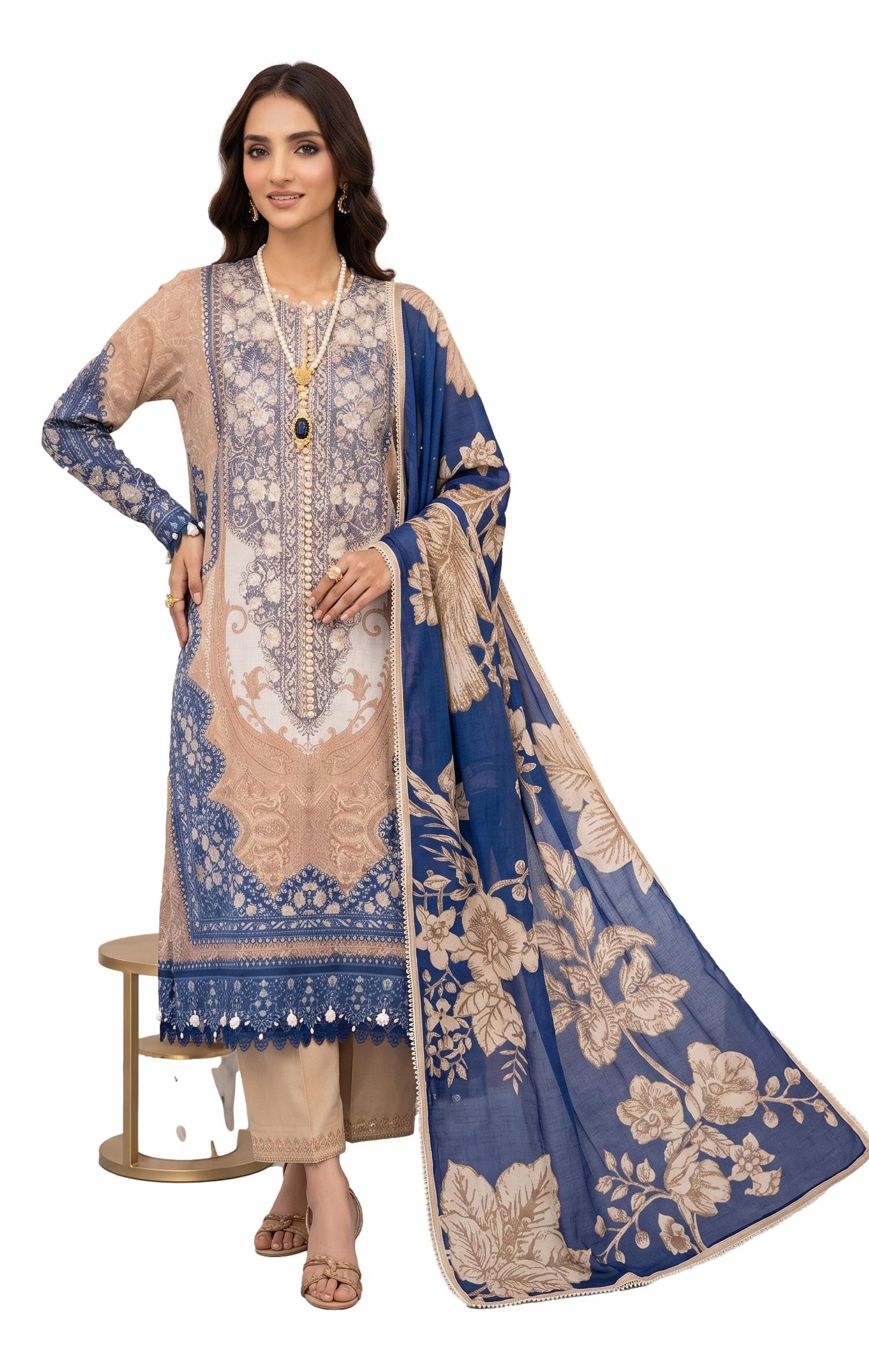 rosaniya Women’s Unstitched Lawn Cotton Salwar Suit Set with Chiffon Dupatta and Unstitched lace | Elegant Motif Design| Signature Pakistani Lawn Cotton Suits (ALZOHA1362_Indigo Blue)-picture-46
