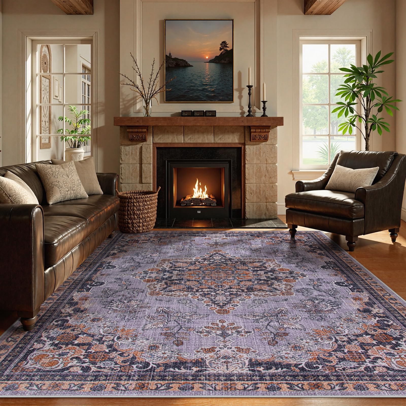 Lahome Oriental Purple Rugs for Living Room, Ultra-Thin 8x10 Rug for Dining Room Non-Slip Boho Area Rug for Bedroom, Non-Shedding Vintage Area Rug for