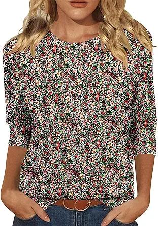 KISSMODA Tunic Tops for Women Loose Fit Dressy Round Neck Pleated 3/4 Length Sleeve Spring Tops