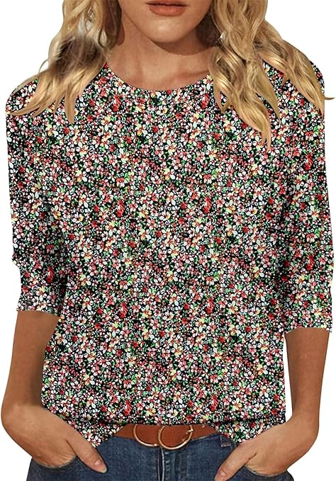 KISSMODA Tunic Tops for Women Loose Fit Dressy Round Neck Pleated 3/4 Length Sleeve Spring Tops