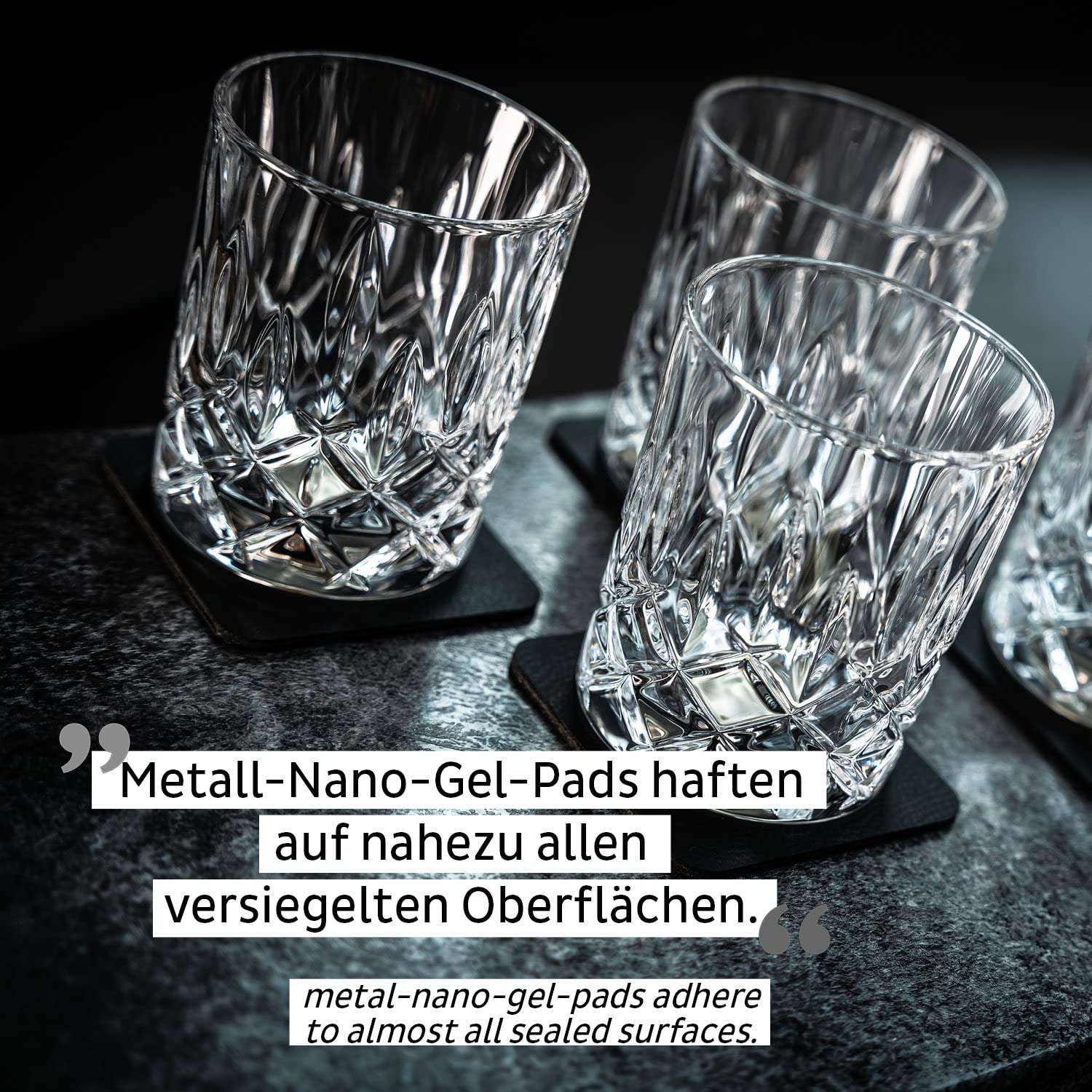 silwy® Juego de 4 vasos magnéticos de cristal para whisky, incluye cuatro almohadillas de gel de metal reutilizables, vasos magnéticos antideslizantes para camping, caravana y navegación