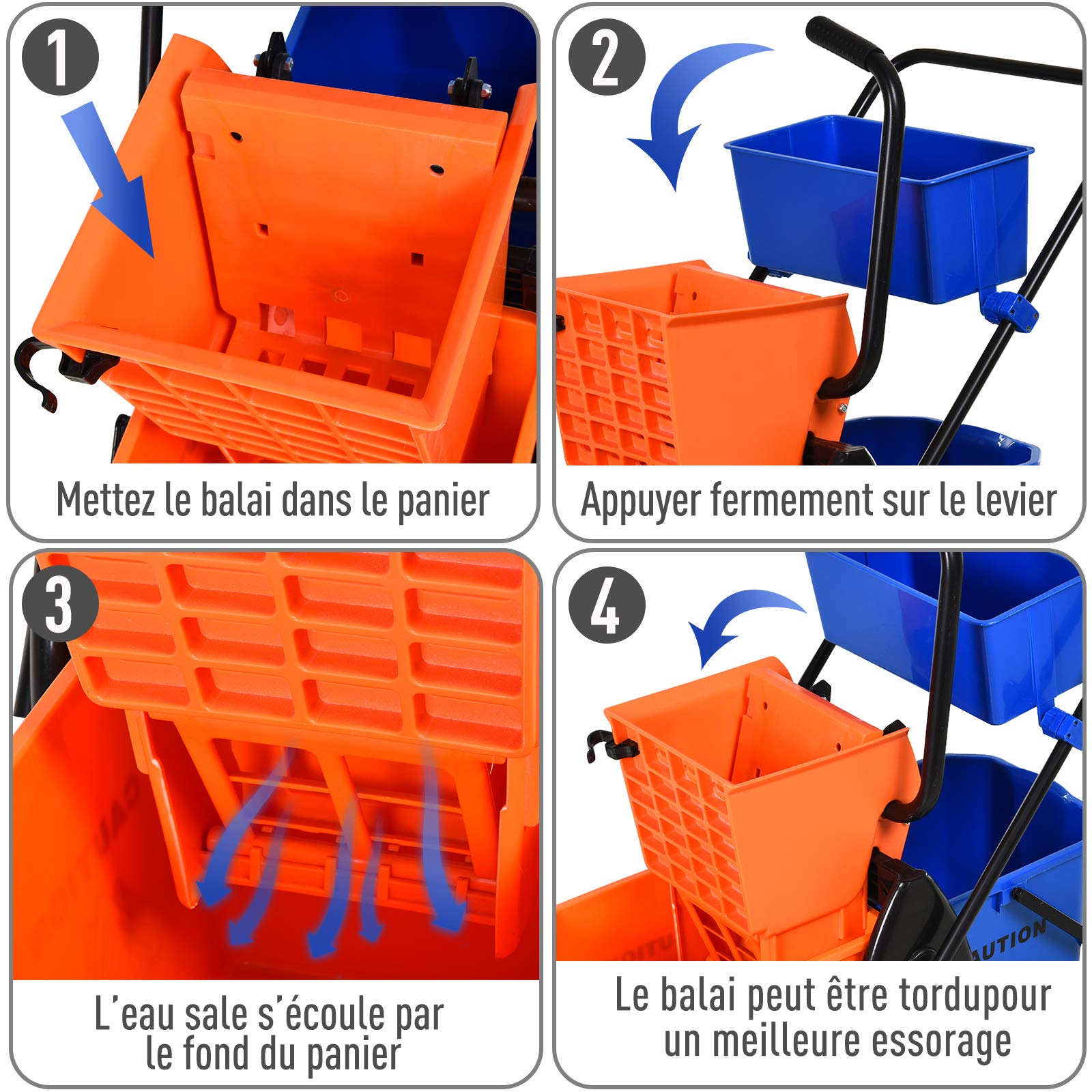 HOMCOM Chariot de ménage Chariot de Lavage Professionnel essoreuse latérale Seau 26 L + Panier de rangements 78 x 45 x 95 cm métal et Plastique Orange