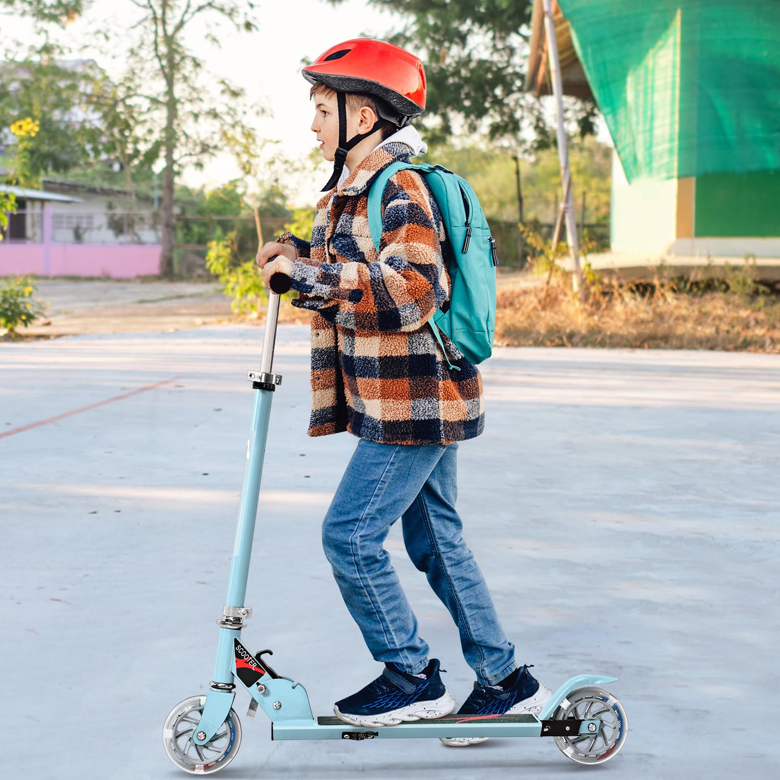 KOMFOTTEU Trottinette Enfant avec 2 roulettes, LED et Frein, Planche à roulettes Pliabl, Hauteurs réglables 63-85 cm, Scooter en Aluminium, Charge jusqu'à 70 kg, Enfants Plus de 4 Ans