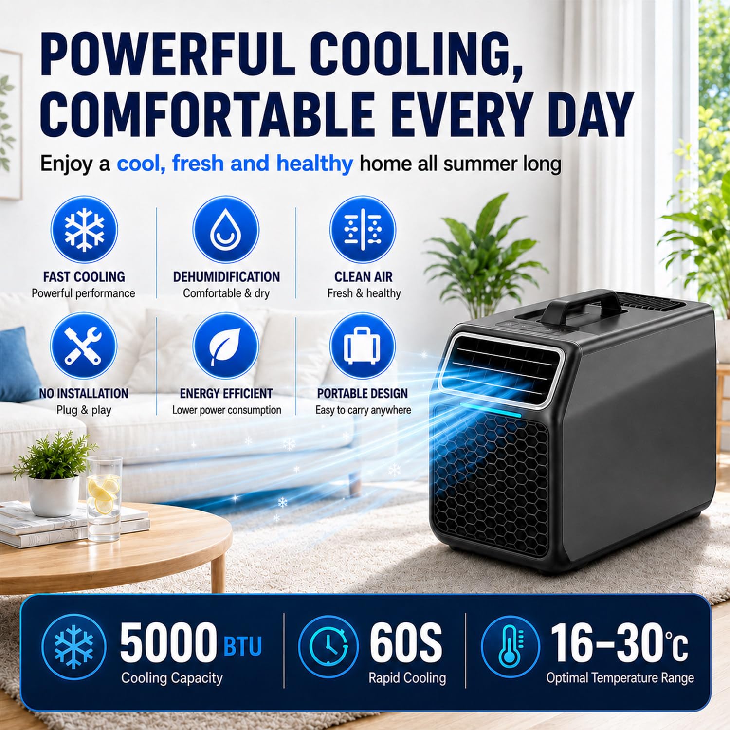Aire Portatil,Mini Aire Acondicionado,Aire Acondicionado Caravana | Doble Método De Control, Con Pantalla LED, Temperatura Ajustable De 16 a 30 °c, 5000 Btu, Para Oficinas En Casa Y Estudios