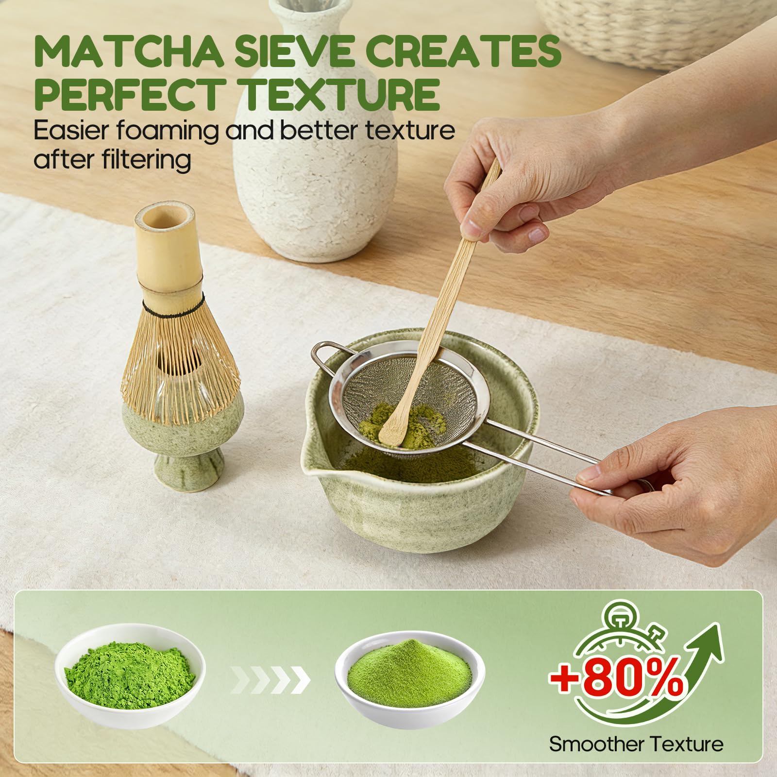 Matcha Kit, 6 Pezzi Set con Frusta per Matcha, Ciotola, 2 Cucchiaio, Setaccio e Supporto in Ceramica per Frusta, Ottimo Regalo Artigianale Tradizionale per gli Amanti del Matcha (Verde)