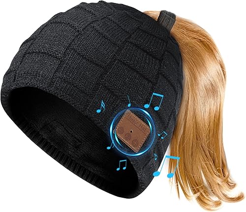TOUCH TWO Gorro Bluetooth para mujer con agujero para cola de caballo, gorro de punto inalámbrico con auriculares Bluetooth
