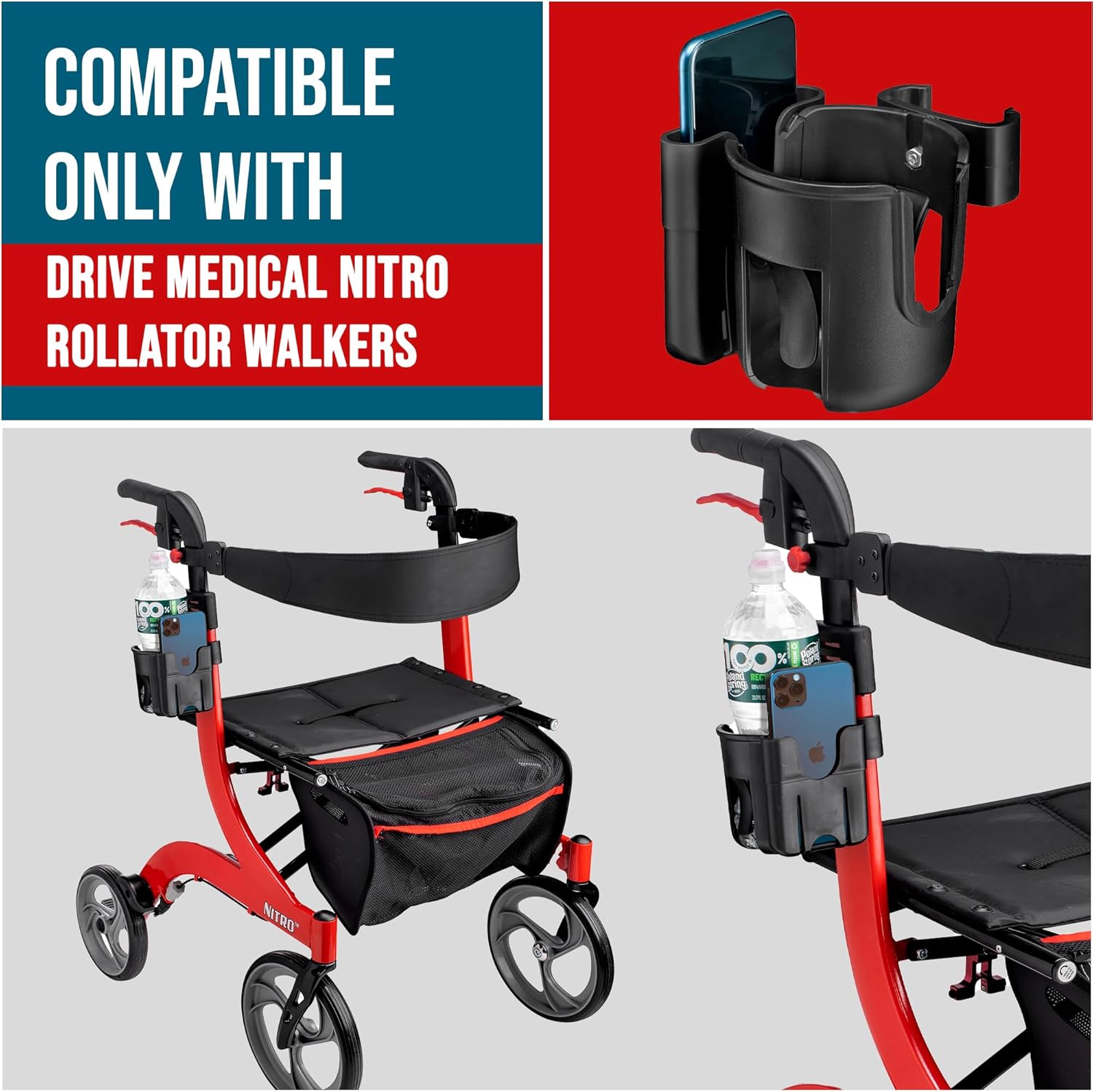 Clip-On Walker Cup and Phone Holder – Only Designed to be Compatible with Drive Medical ''Nitro'' Rollator Walkers. - Image 2