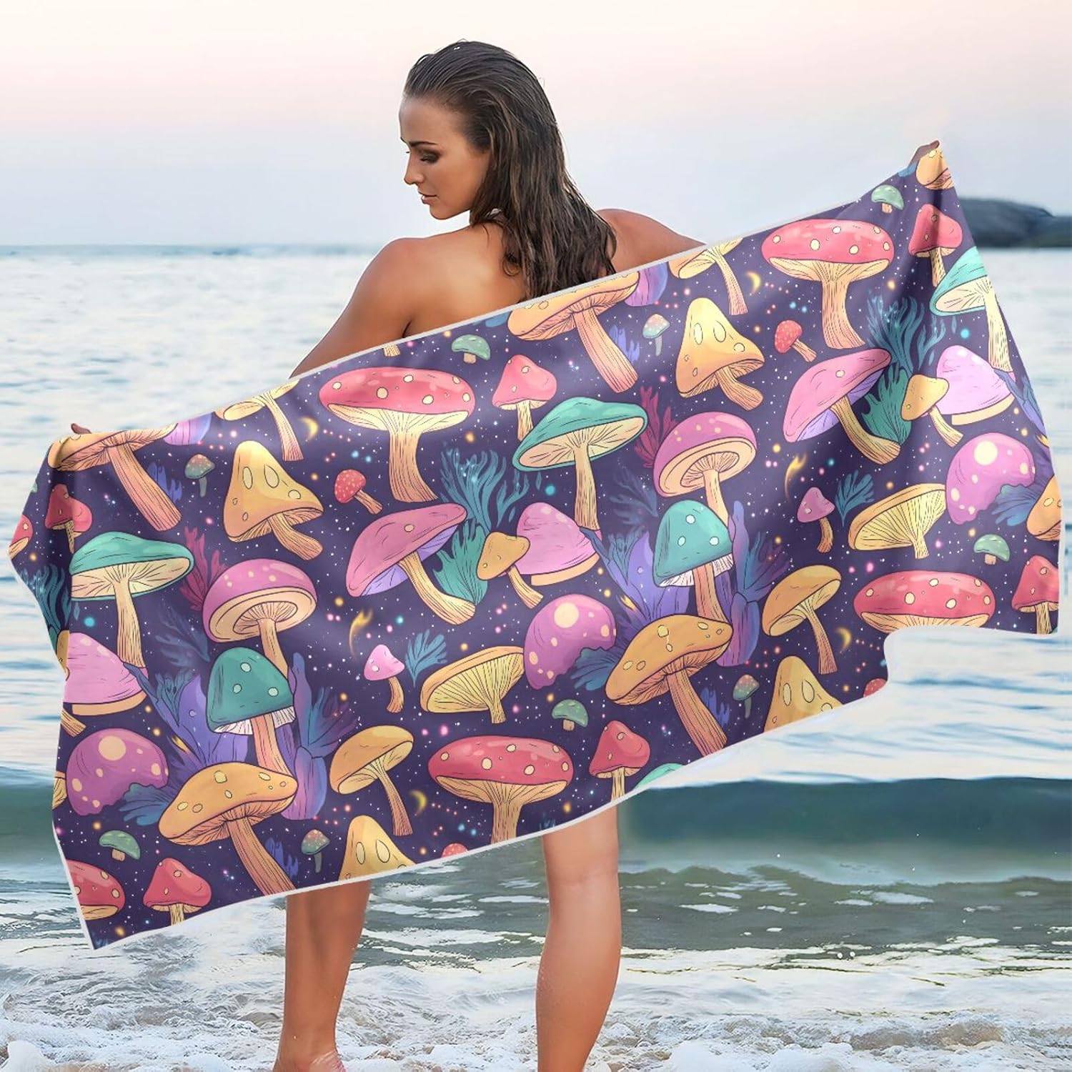 Beach Towel Multicolor Mushroom Print Oversized Sand Free Quick Dry Lightweight with Storage Bag for Women Men 31X71 in