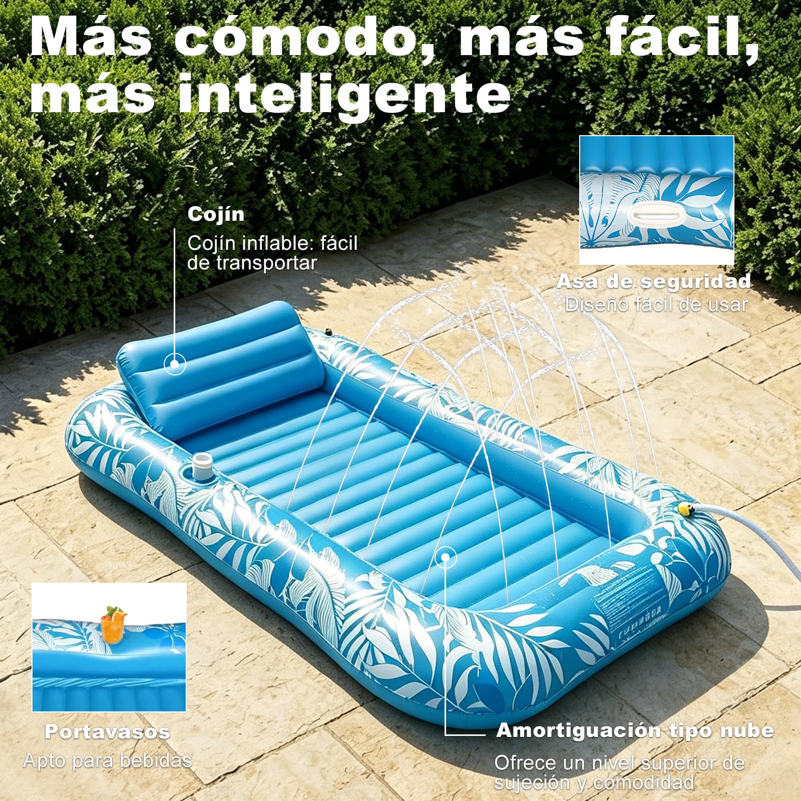 Balakaka Colchoneta Piscina Adultos 208×130cm, Diseño de Rociado de Agua, Tanning Pool Hamaca Hinchable con Portabebidas, Colchoneta Inflable Piscina con Reposacabezas para Verano