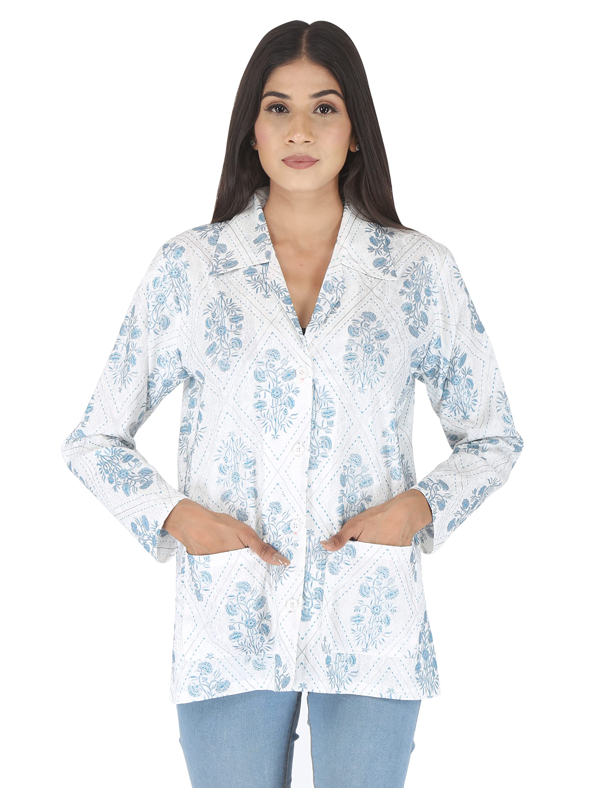 Women's/Girl's Cotton Floral Printed Summer Coat | Helps to Protect From Sunrays, Dust Pollution, Sunburn, Tanning of Skin | Ideal for Driving, Hot Summers, Traveling- (BHC27_P_White & Blue)