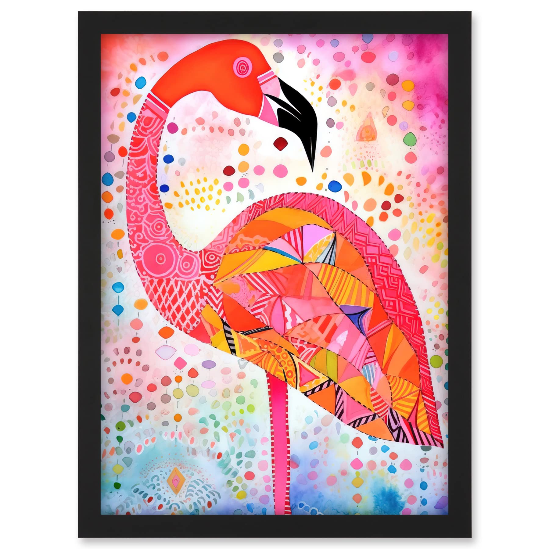 Artery8 Flamingo Folk Art Watercolour Painting Artwork Framed A3 Wall Art Print