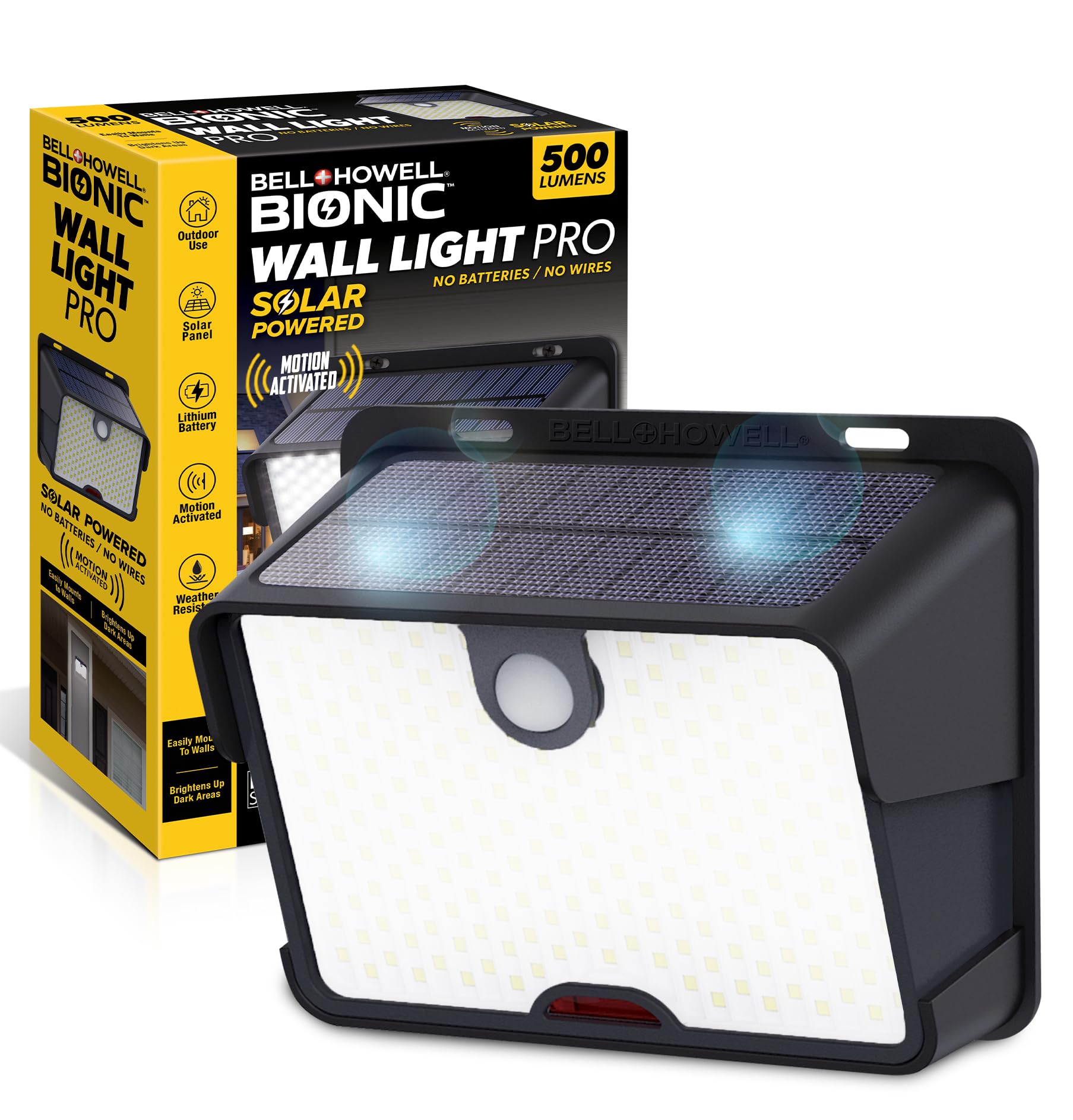 bionic wall light pro - solar motion lights outdoor with built-in decoy camera, 500 lumens waterproof solar wall security lights, wall mount, floodlight motion sensor detector for backyard, black