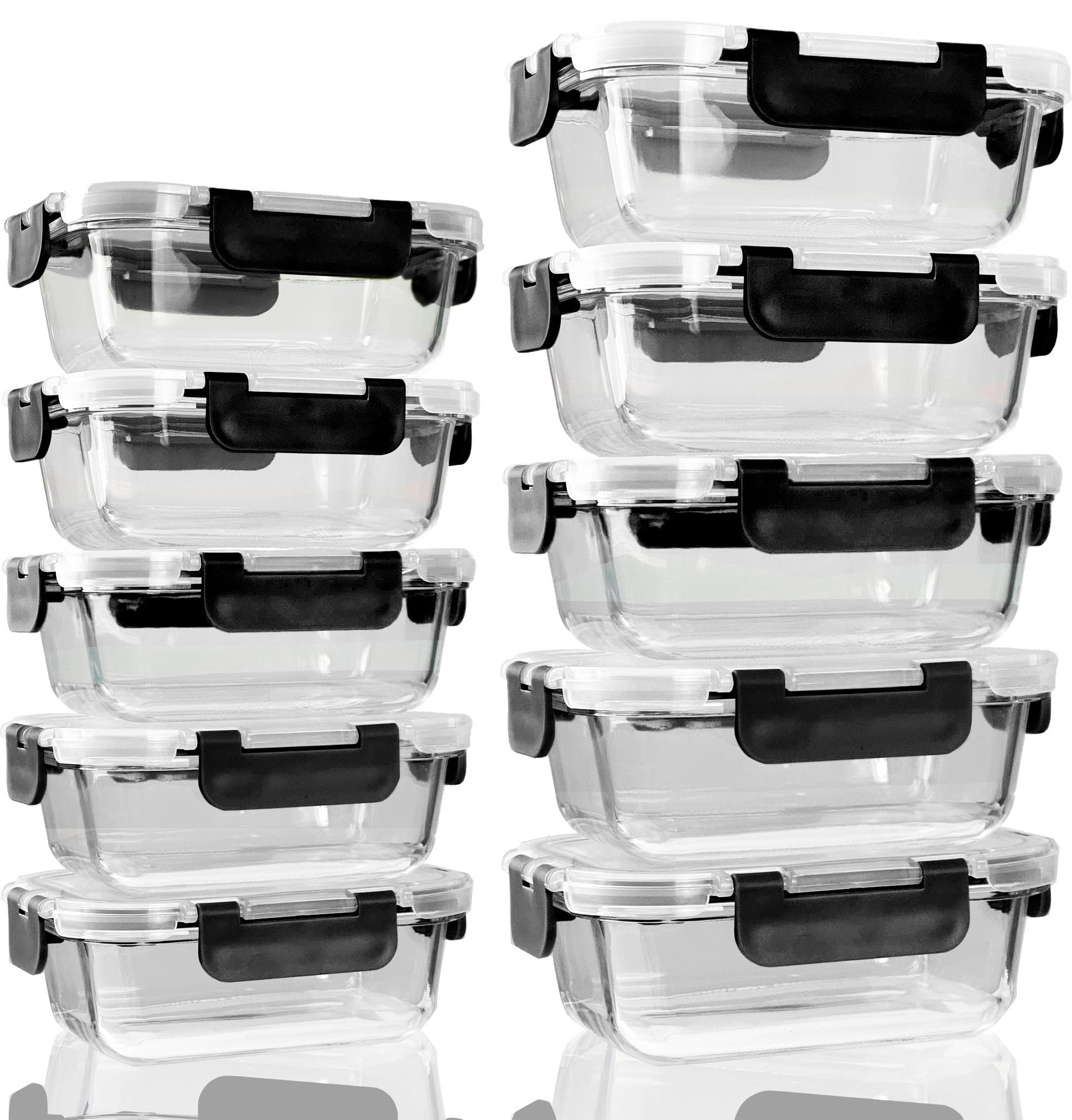 Tempfoo Black Glass Food Storage Containers With Lids Set 10, Meal Prep Reusable Airtight Lunch Box, Kitchen Cooking Pantry Organizers, Suitable For Microwave Freezer