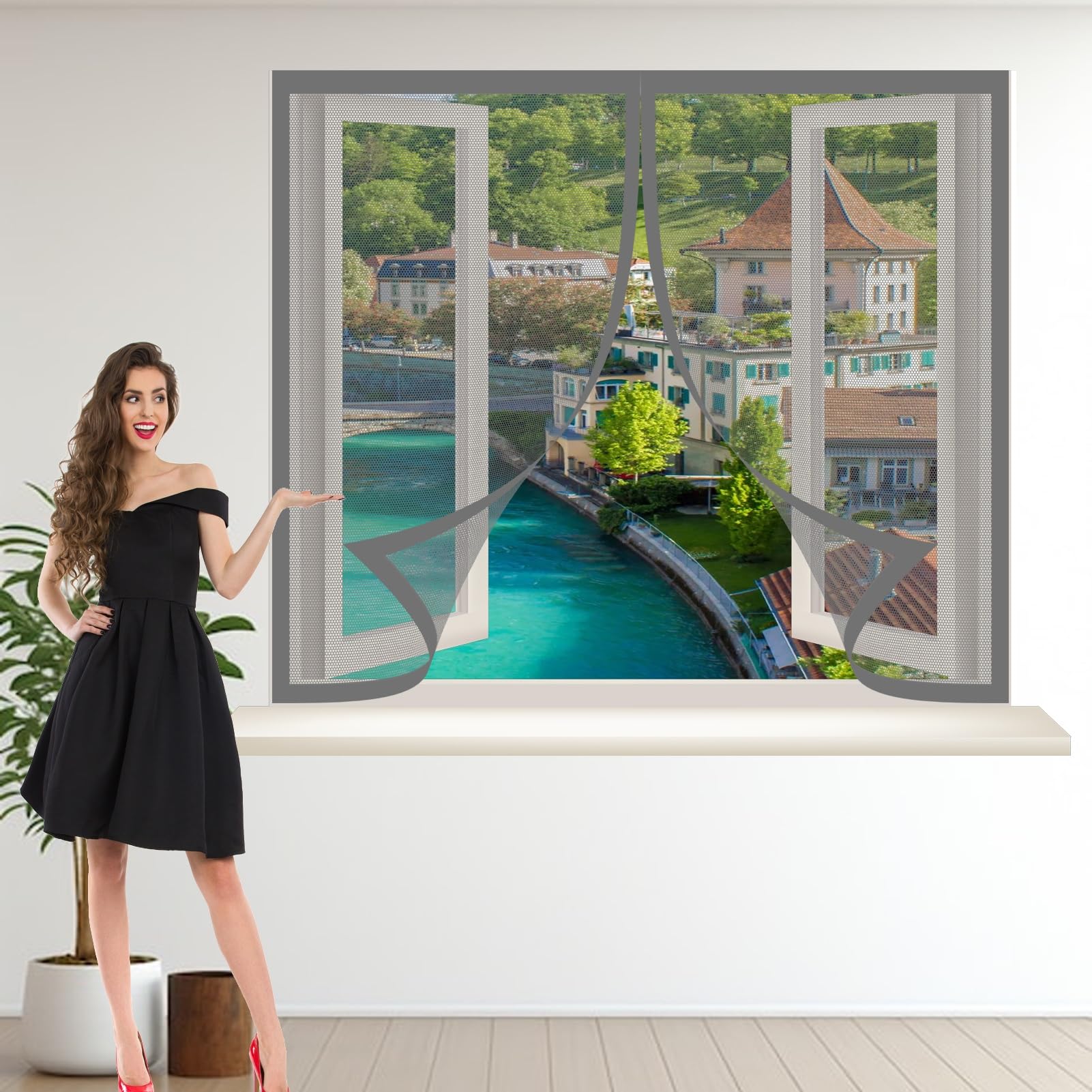 Magnetic Fly Screen Window 145 x 124 cm Keep Fly/Mosquito Out Bug Net Fly Screen Window Nets Heavy Duty Mesh Fitted to Multiple Windows, Grey