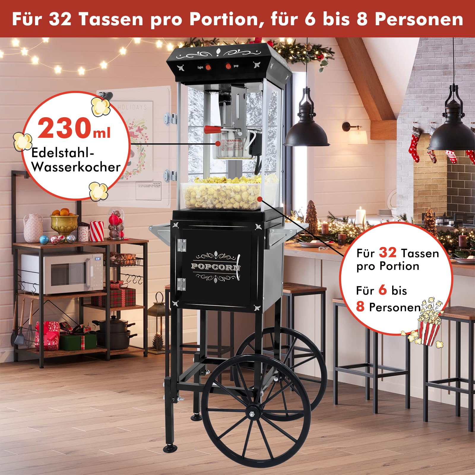 Popcornmaschine mit Wagen 8 OZ Kessel Popcornmaschine Groß,Entnehmbarer Topf Popcornmaker Retro Popcornmaschines,3 Schaufeln Kino-Stil Restaurant profi popcornmaschinen (Schwarz)