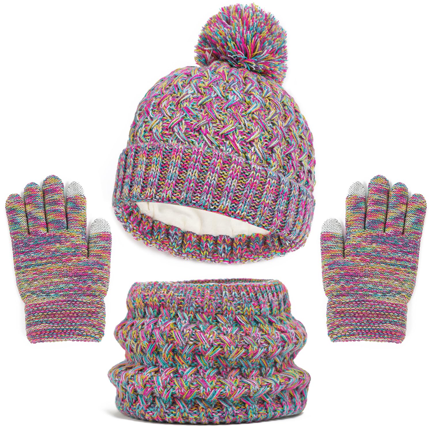 Ensemble Bonnet écharpe Gants Enfant 2-6 Ans – Tricoté Avec Pompon, Doublure Polaire – Pour Hiver, Ski, Activités Extérieures