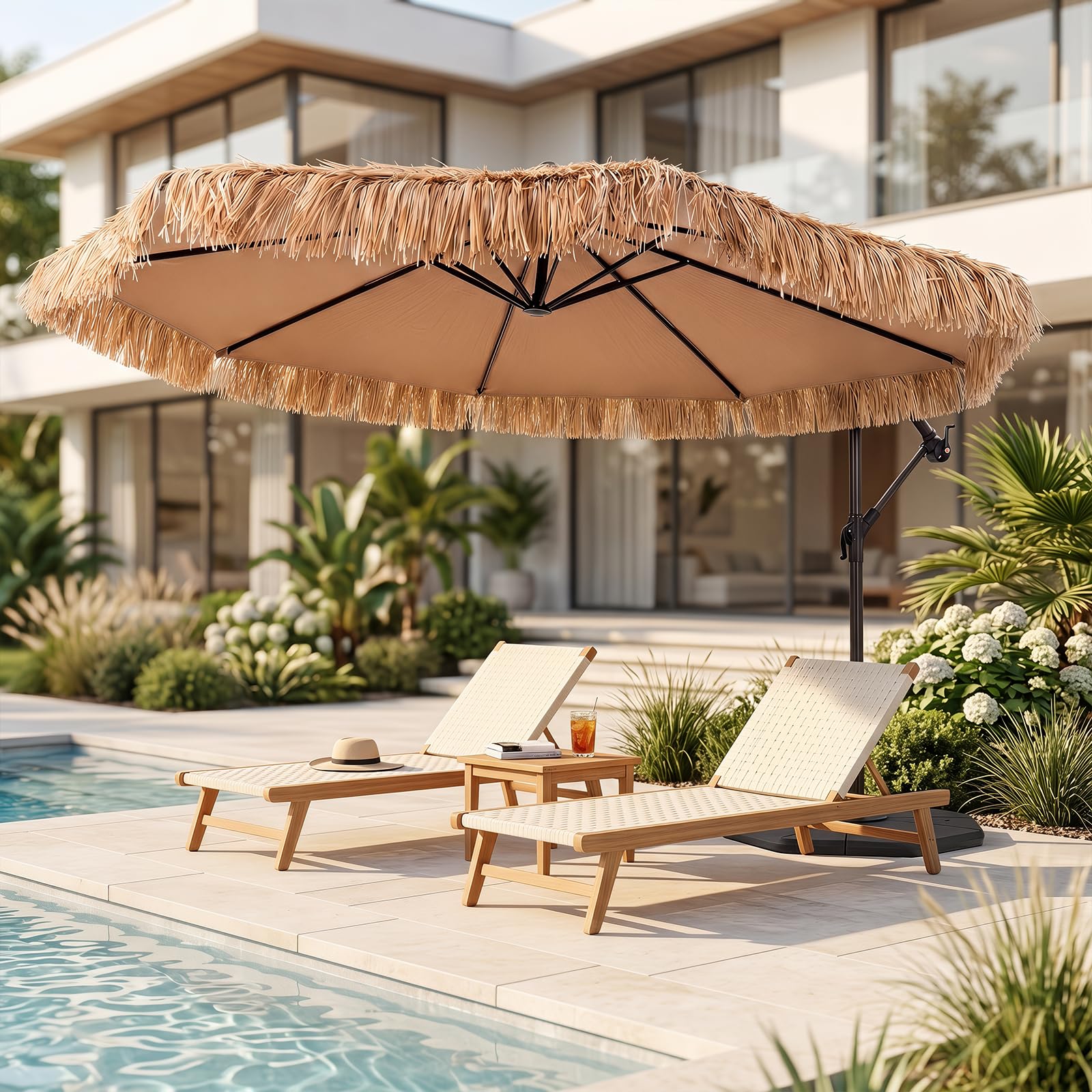 COSTWAY Sonnenschirm Hawaii 300 cm, Ampelschirm mit Kurbel, Strohschirm aus PE-Stroh, Gartenschirm, Terrassenschirm für Garten, Terrasse