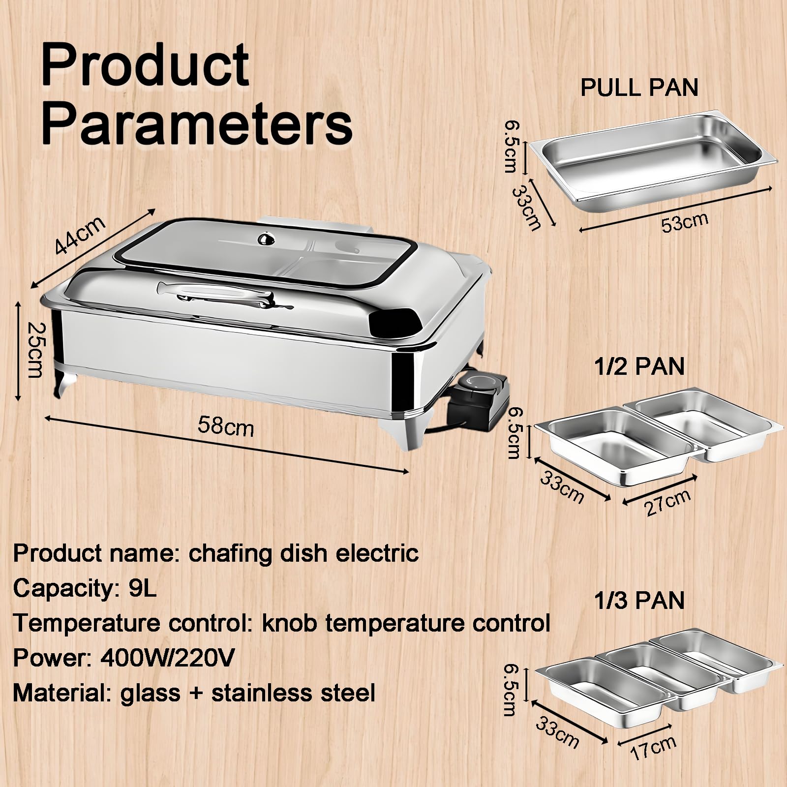 Chafing Dish Buffet Elettrico Temperatura Regolabile 30-85℃(FULL PAN) | 9L Professionale Scaldavivande Buffet Elettrico Acciaio Inox per Buffet, Ristoranti, Hotel, con Coperchio Visibile, 400W